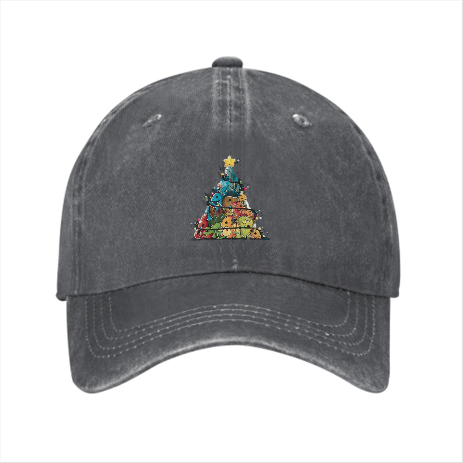 Washed Black Baseball Cap With Dinosaur Christmas Tree Print