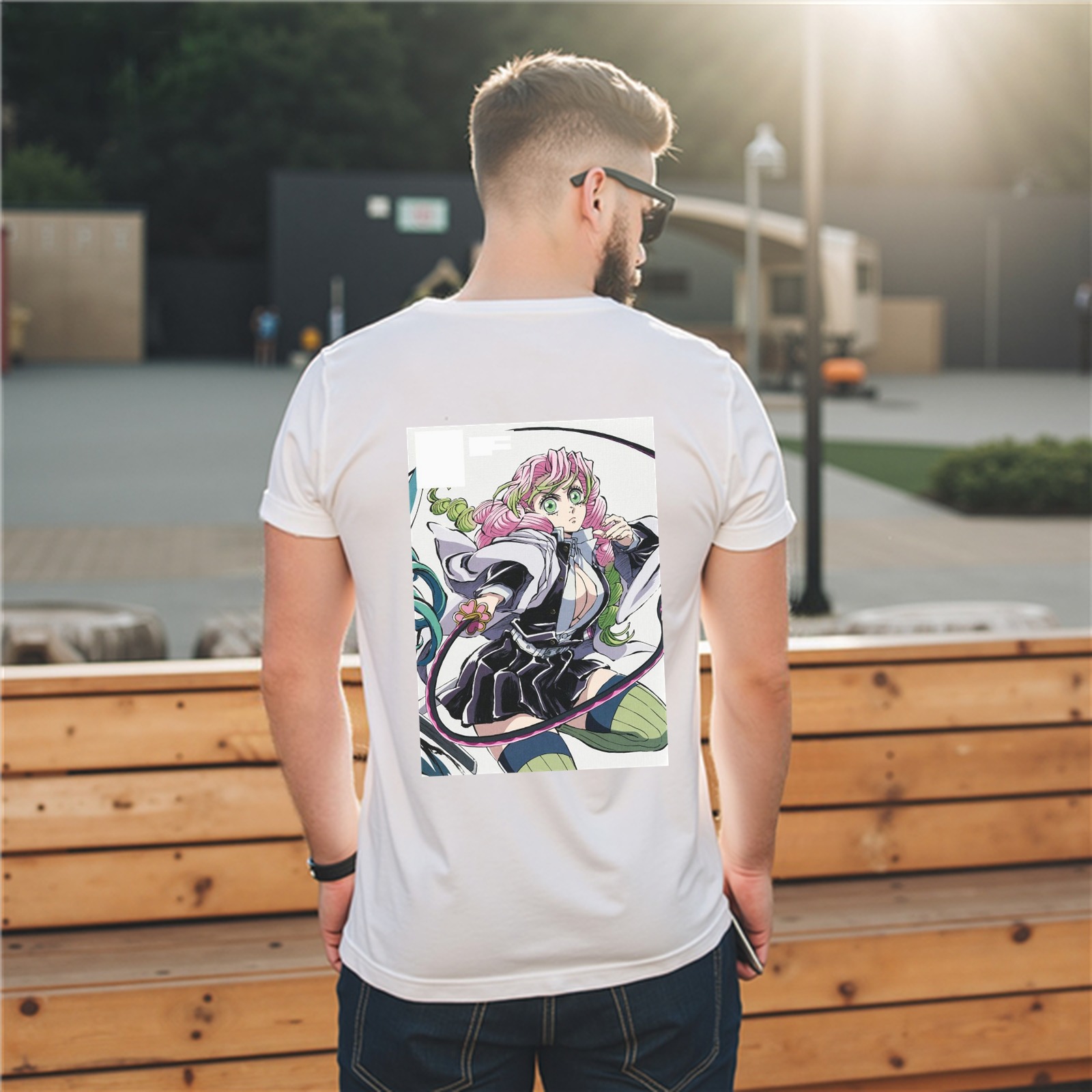Men's White Short Sleeve T-Shirt with Demon Slayer Mitsuri Kanroji Anime Print on Back