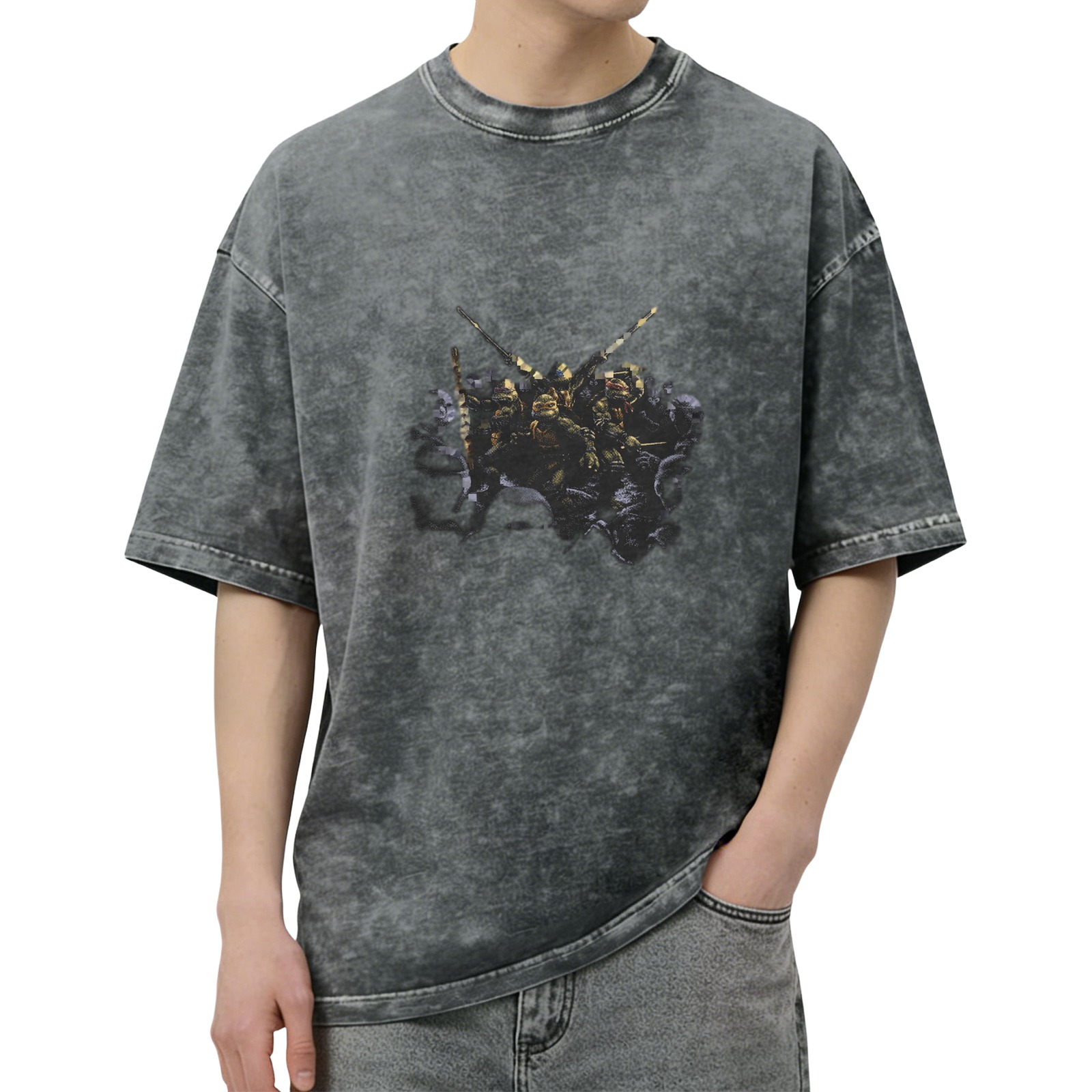 Washed Black Oversized T-Shirt With Ninja Turtles Graphic Print