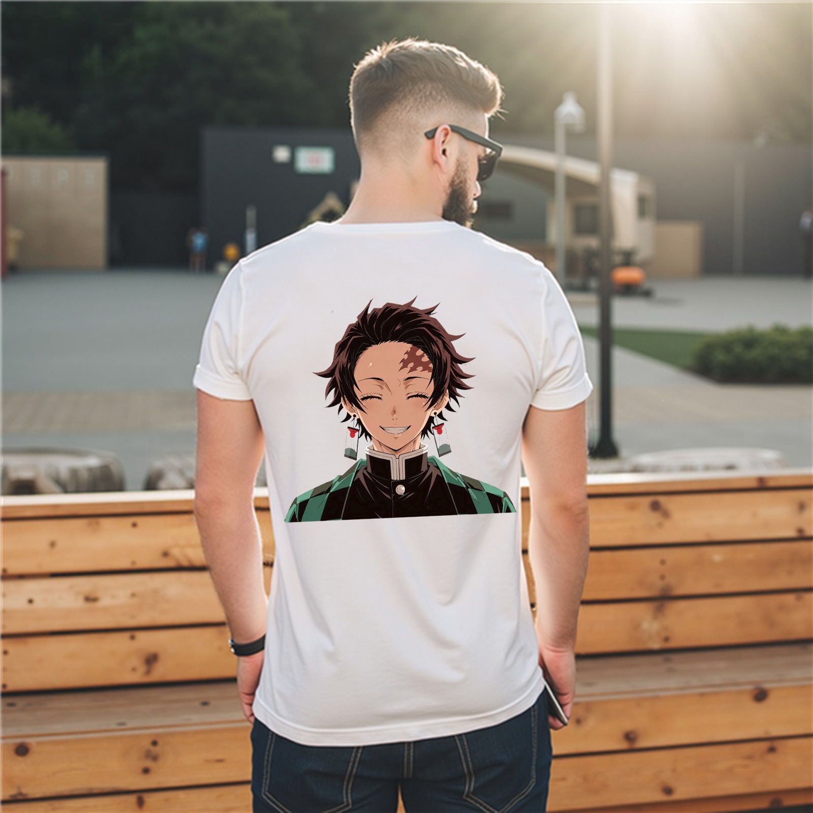 White T-shirt with Demon Slayer Tanjiro Kamado Smiling Graphic Print on Back