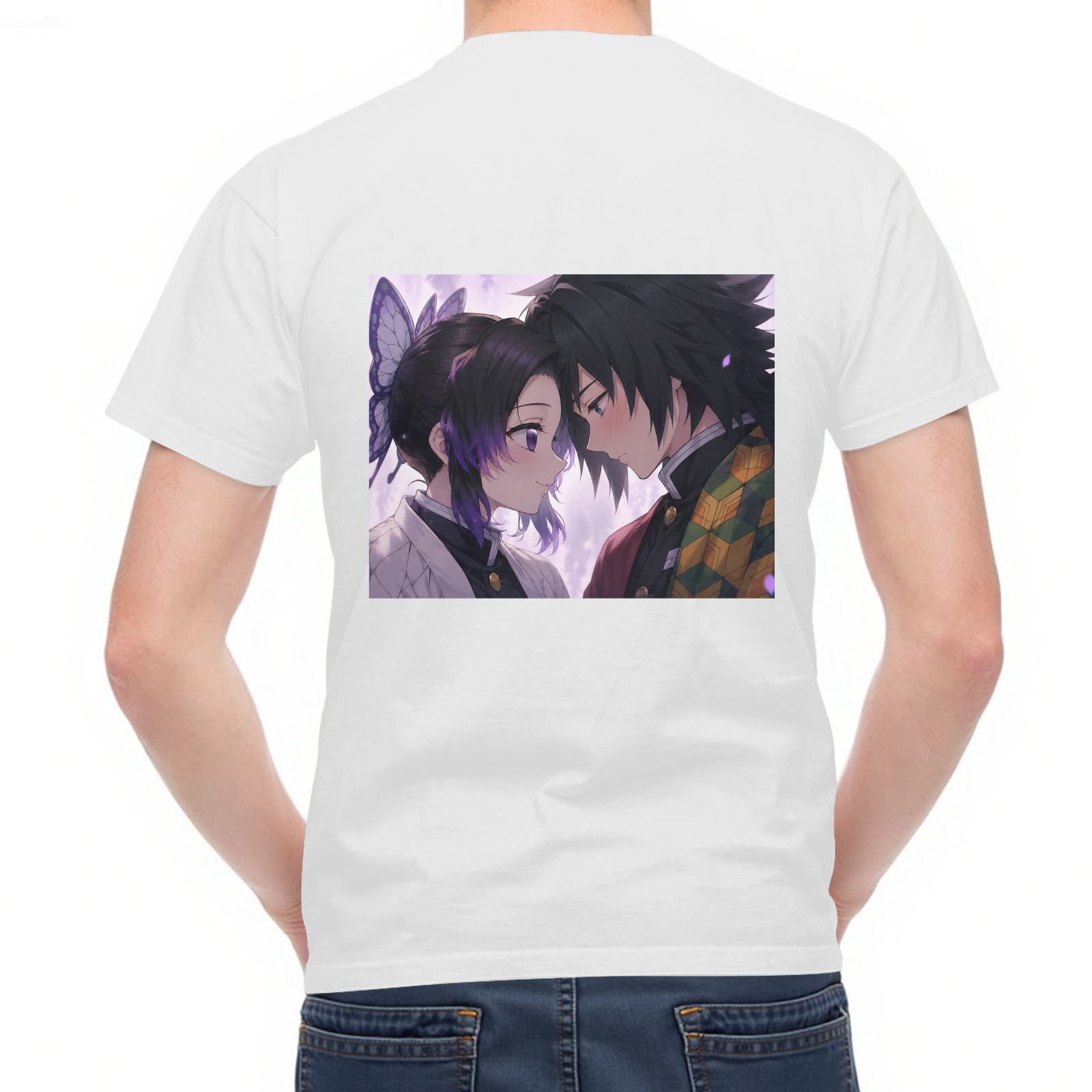 White T-shirt with Demon Slayer Shinobu Kochou and Giyuu Tomioka Anime Print on Back