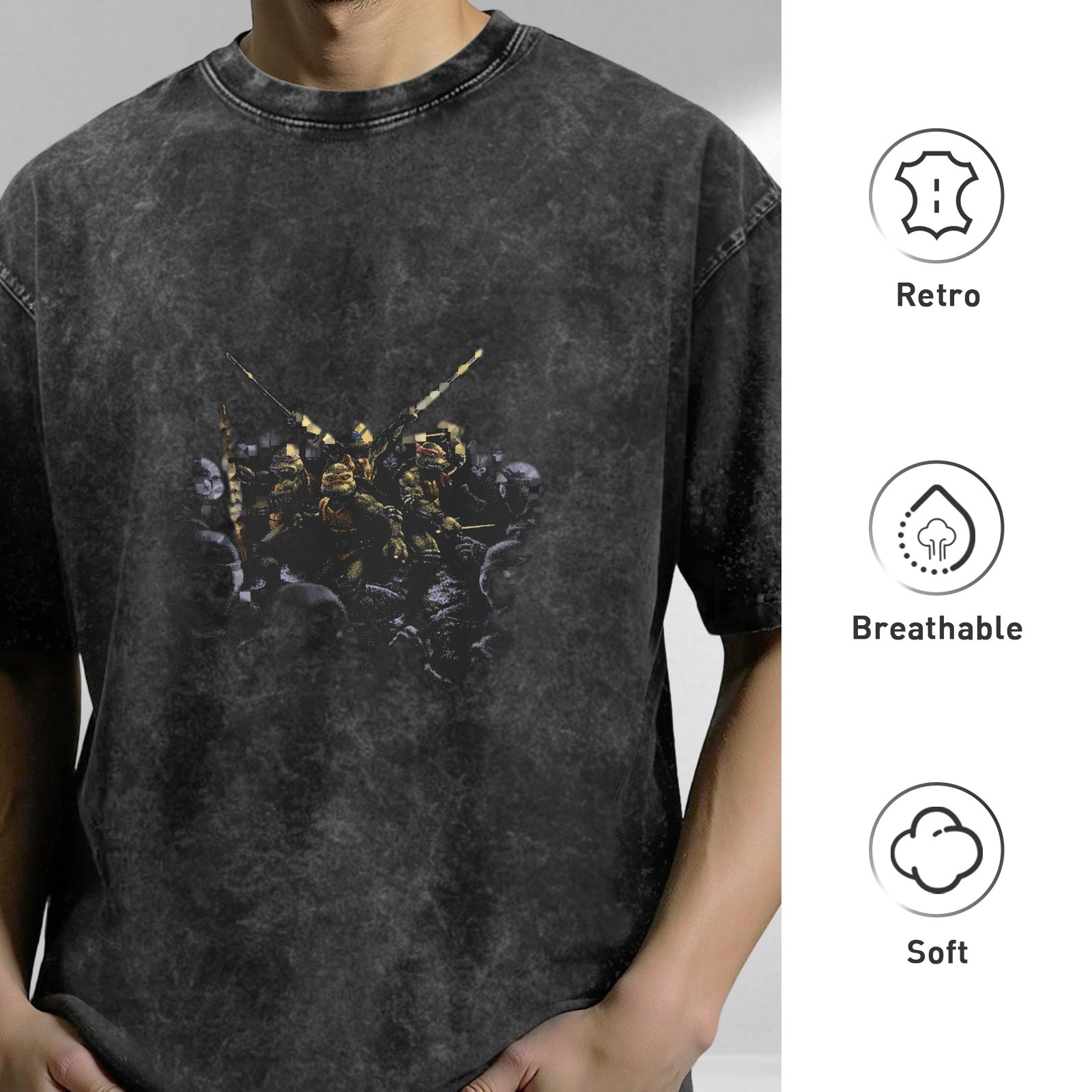 Washed Black Oversized T-Shirt With Ninja Turtles Graphic Print