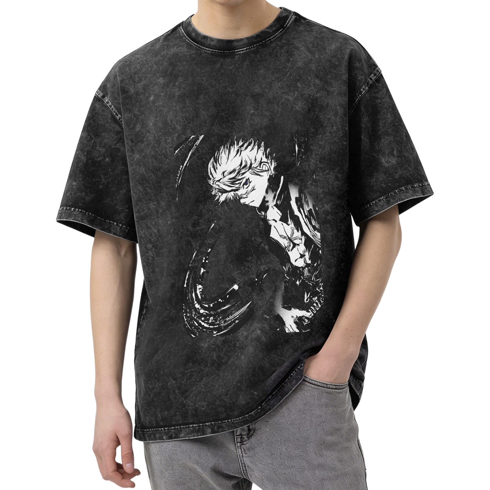Oversized Acid Wash Black Anime Graphic T-Shirt