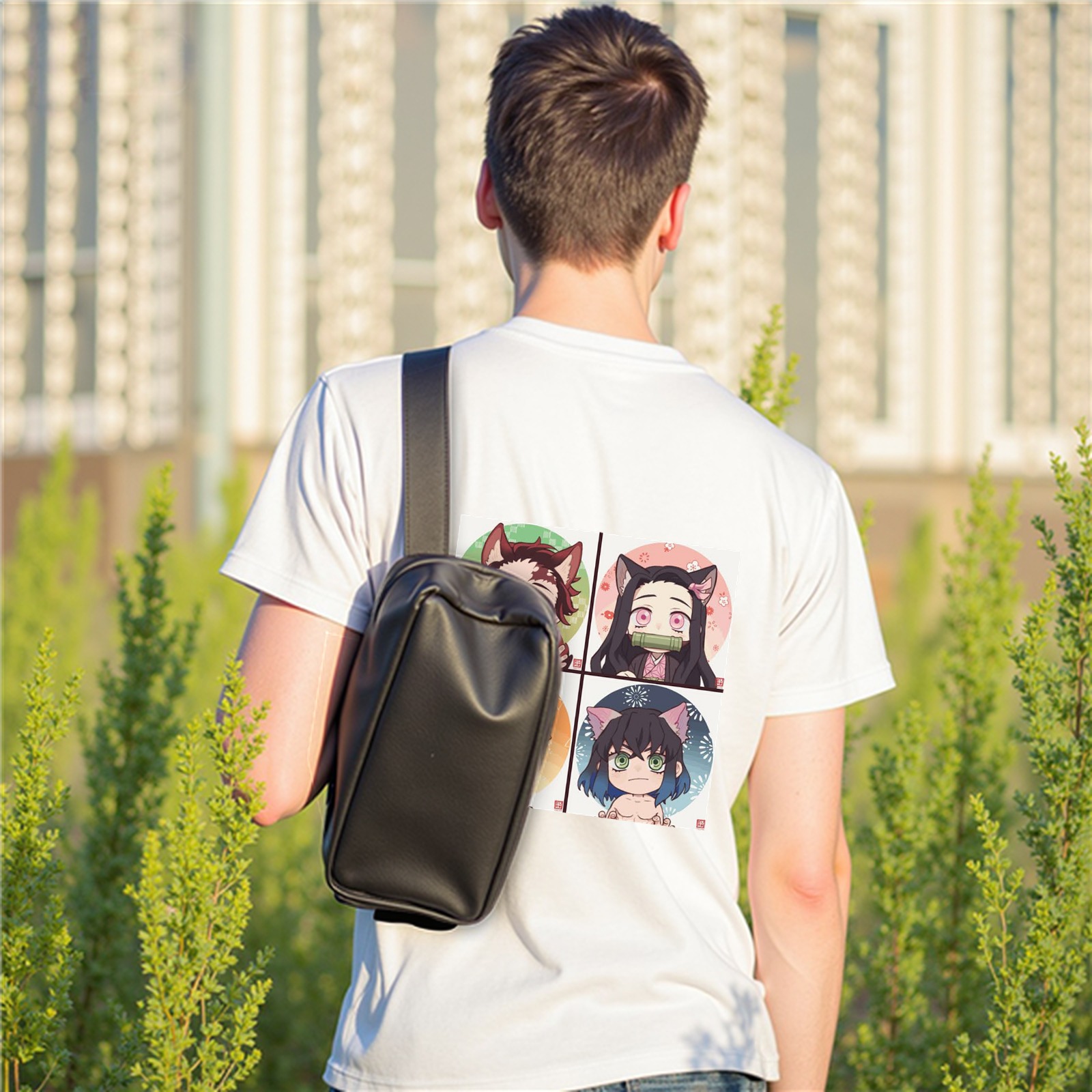 White T-shirt with Chibi Demon Slayer Characters (Tanjiro, Nezuko, Zenitsu, Inosuke) with Animal Ears Print on Back
