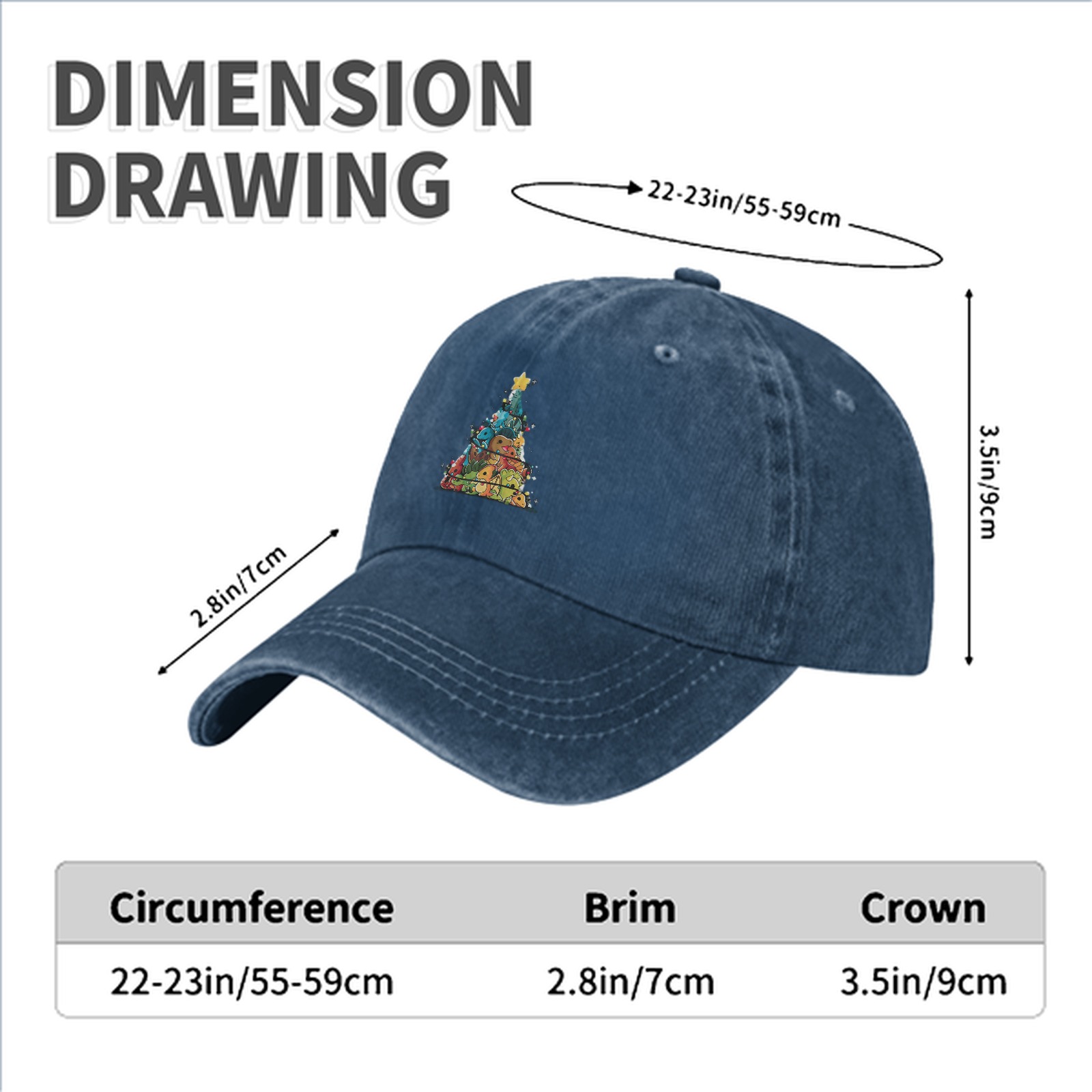 Washed Black Baseball Cap With Dinosaur Christmas Tree Print