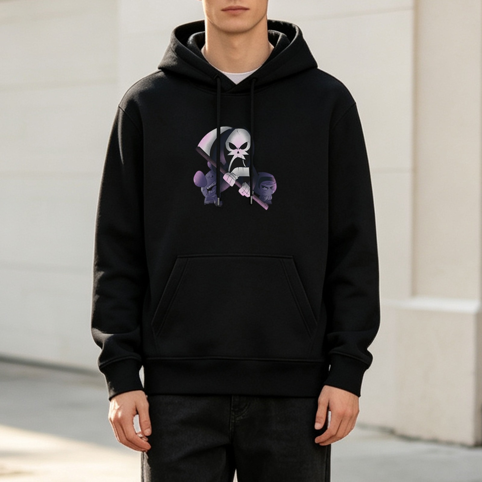 Black hoodie with cartoon grim reaper graphic print