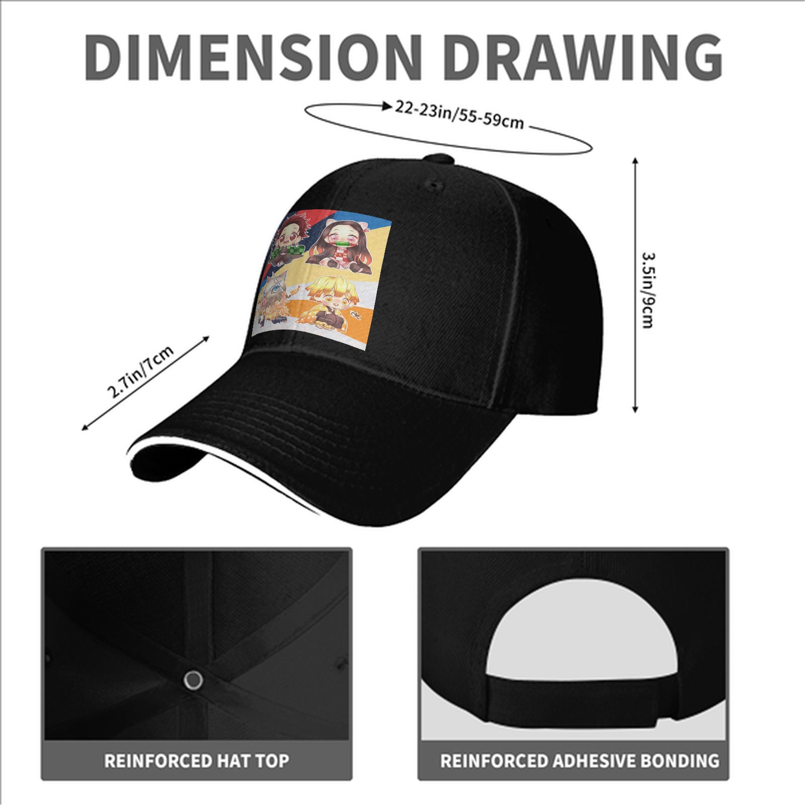 Black Baseball Cap with Chibi Demon Slayer Characters Print