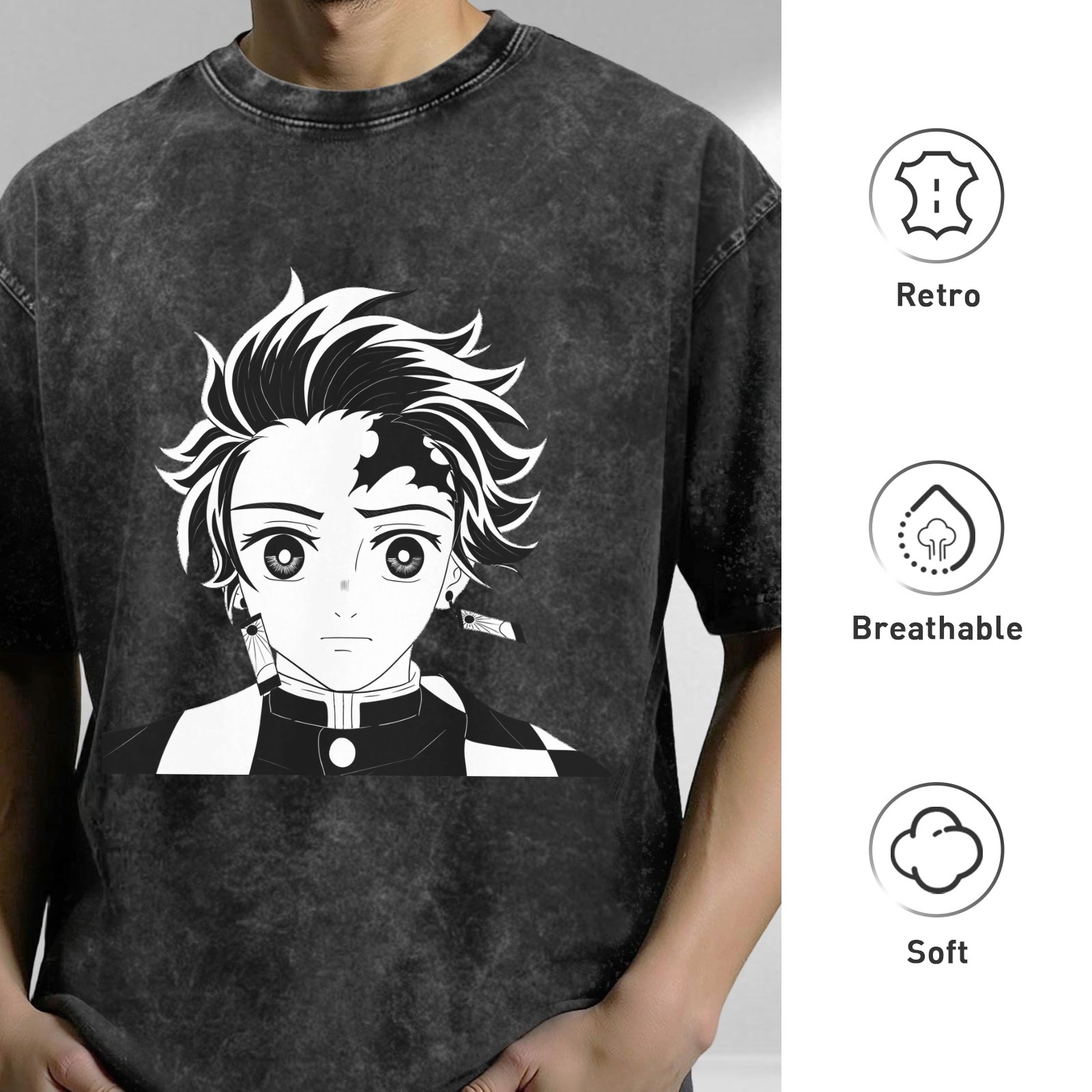 Oversized Vintage Wash Anime Graphic T-Shirt, Demon Slayer Tanjiro Design