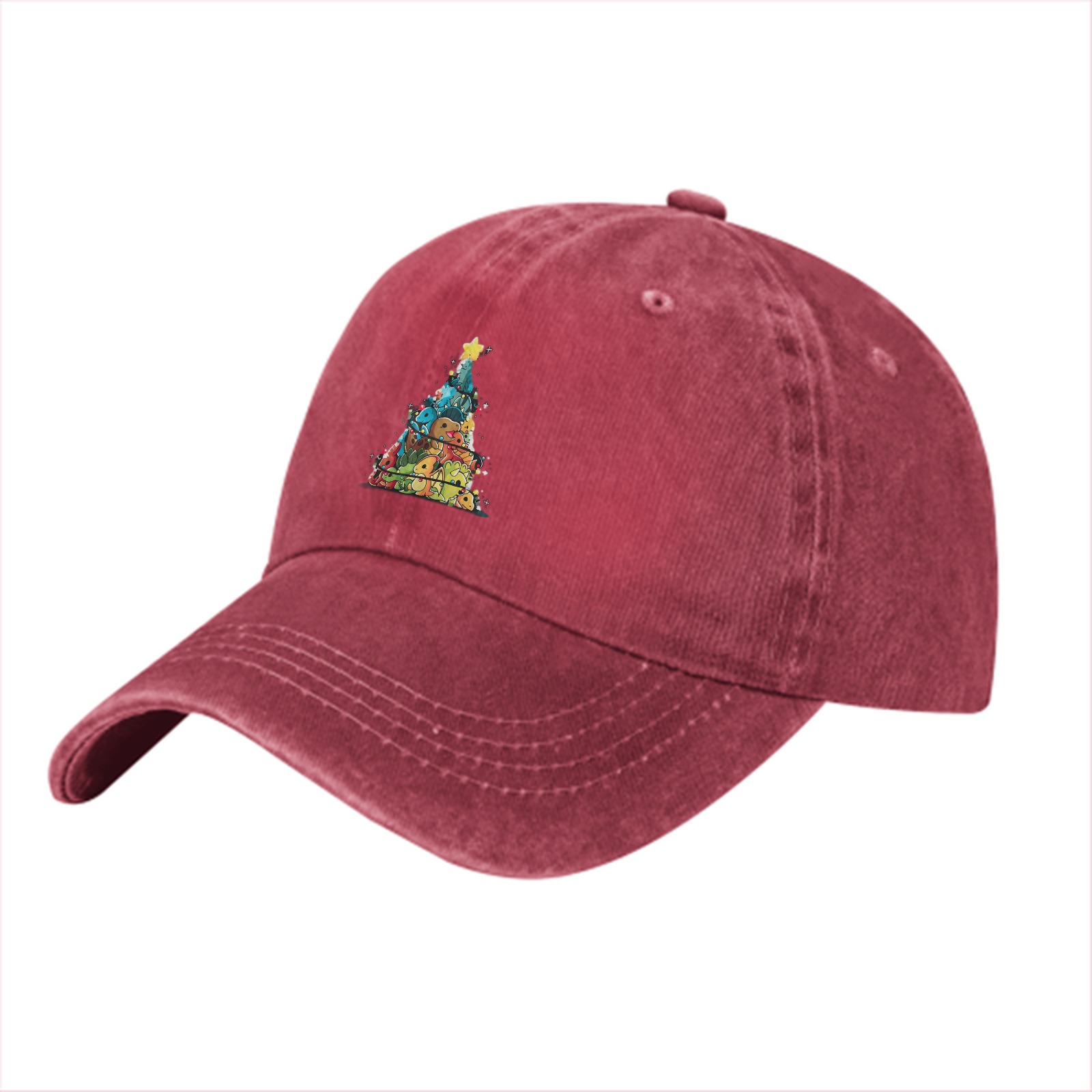 Washed Black Baseball Cap With Dinosaur Christmas Tree Print