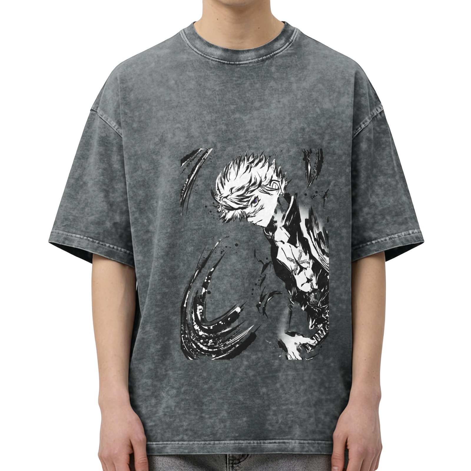 Oversized Acid Wash Black Anime Graphic T-Shirt