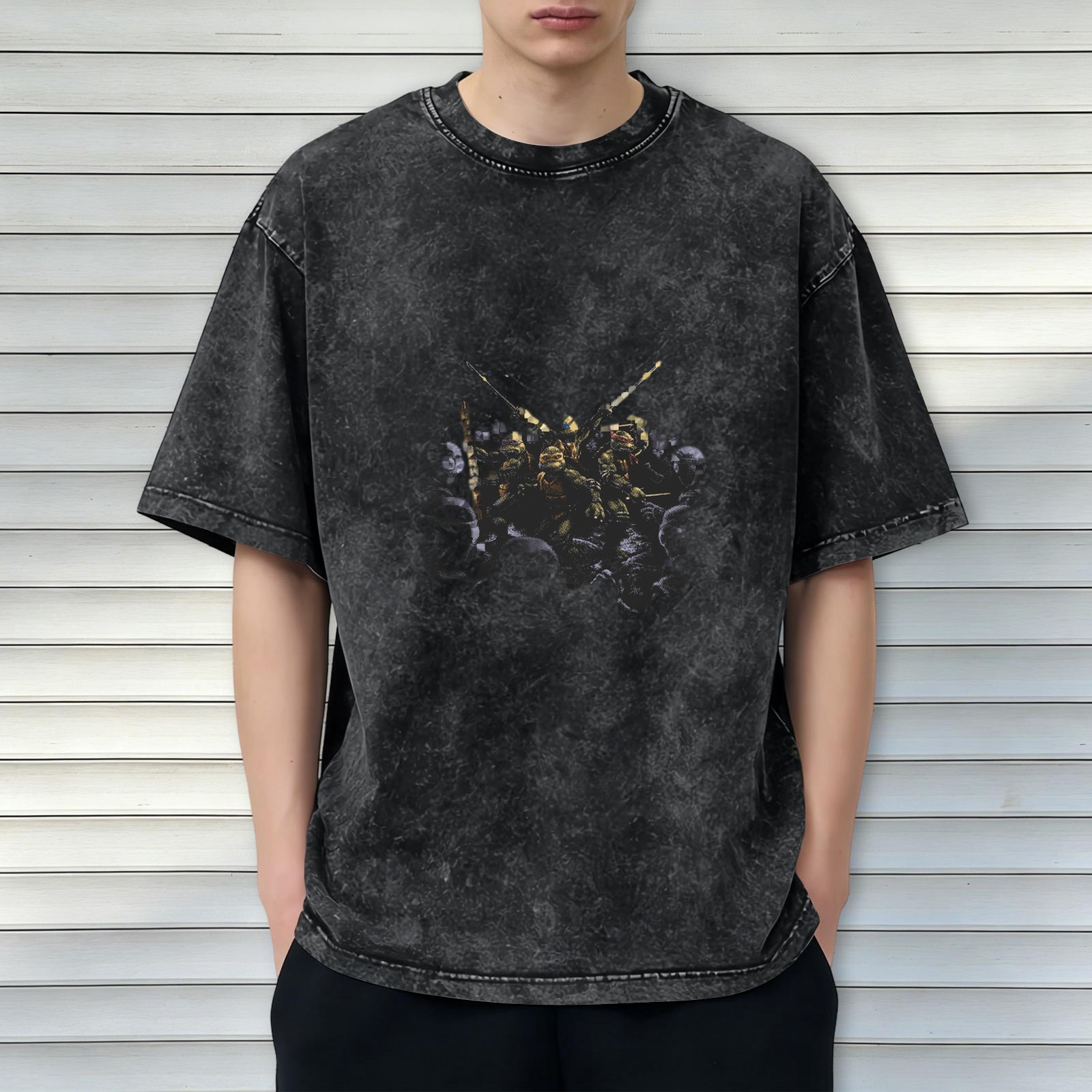 Washed Black Oversized T-Shirt With Ninja Turtles Graphic Print