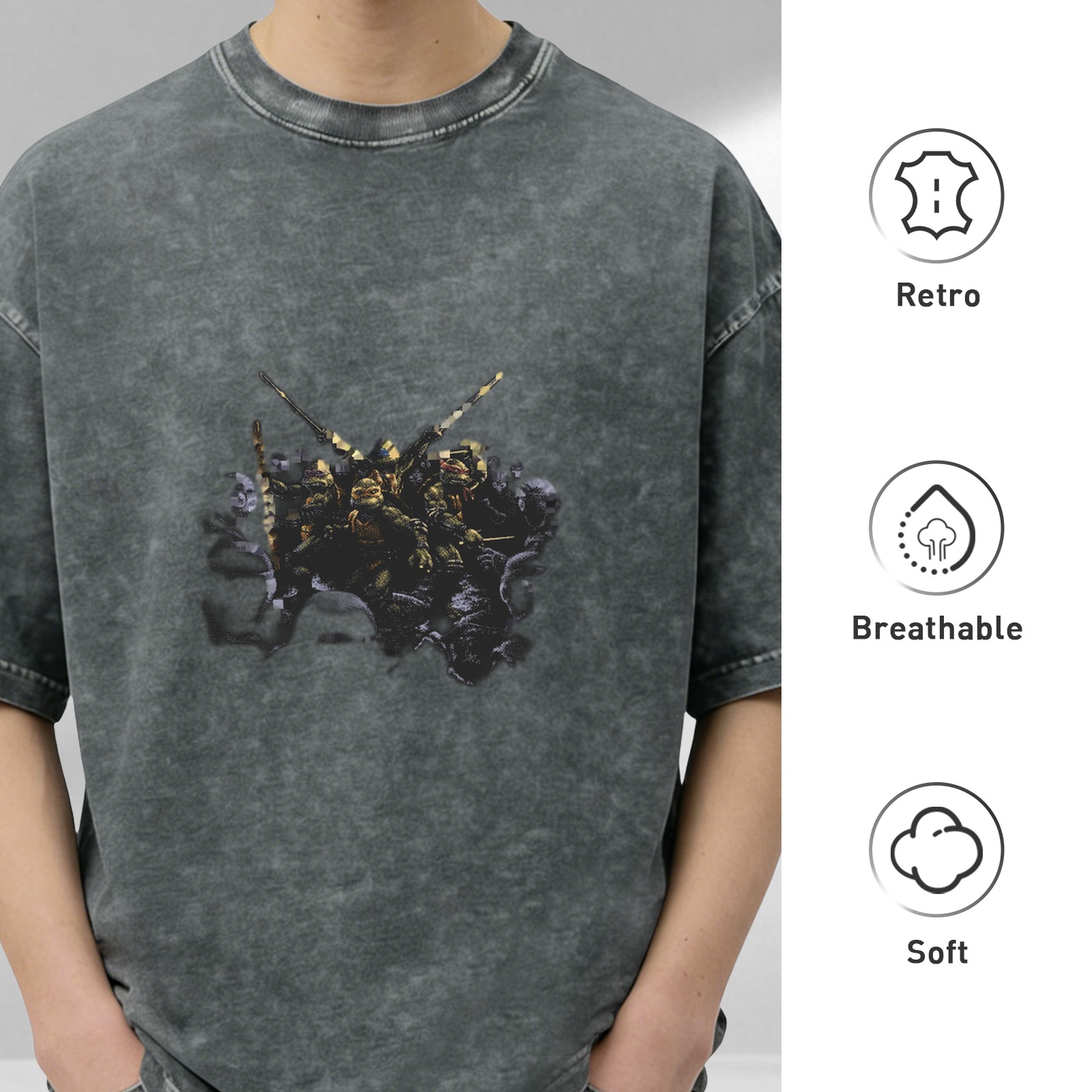 Washed Black Oversized T-Shirt With Ninja Turtles Graphic Print