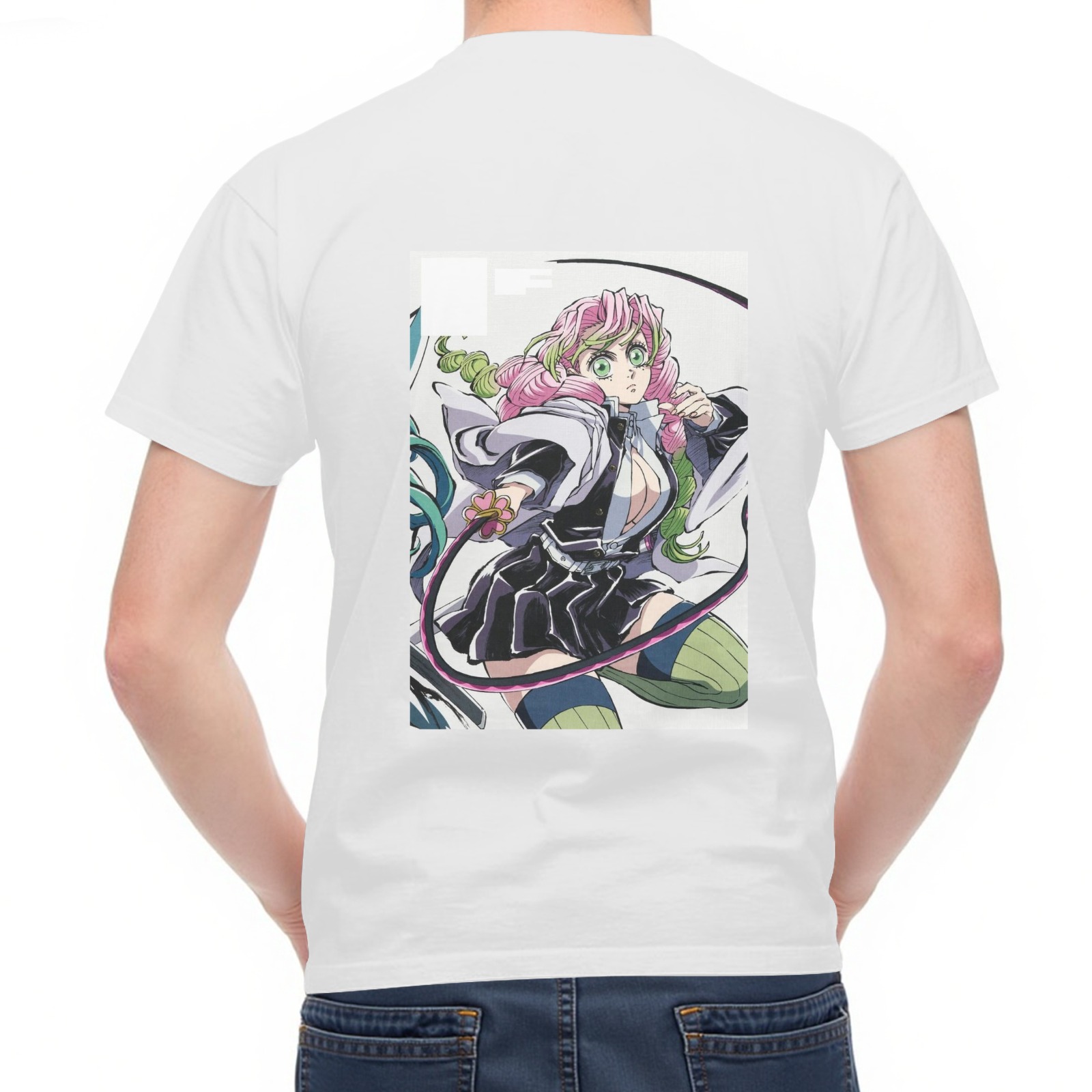 Men's White Short Sleeve T-Shirt with Demon Slayer Mitsuri Kanroji Anime Print on Back