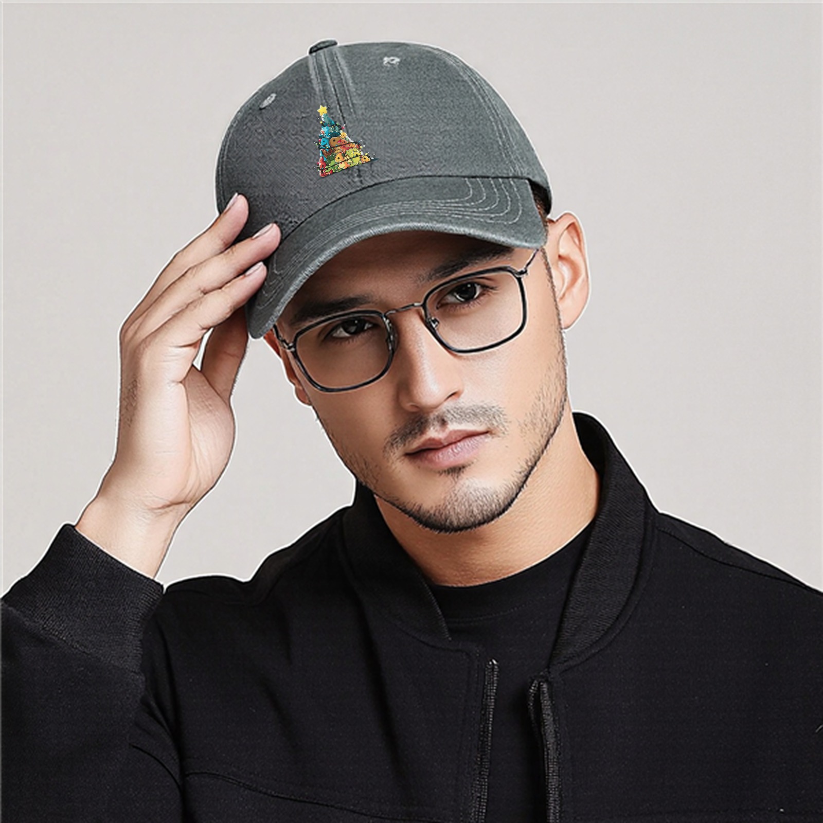 Washed Black Baseball Cap With Dinosaur Christmas Tree Print