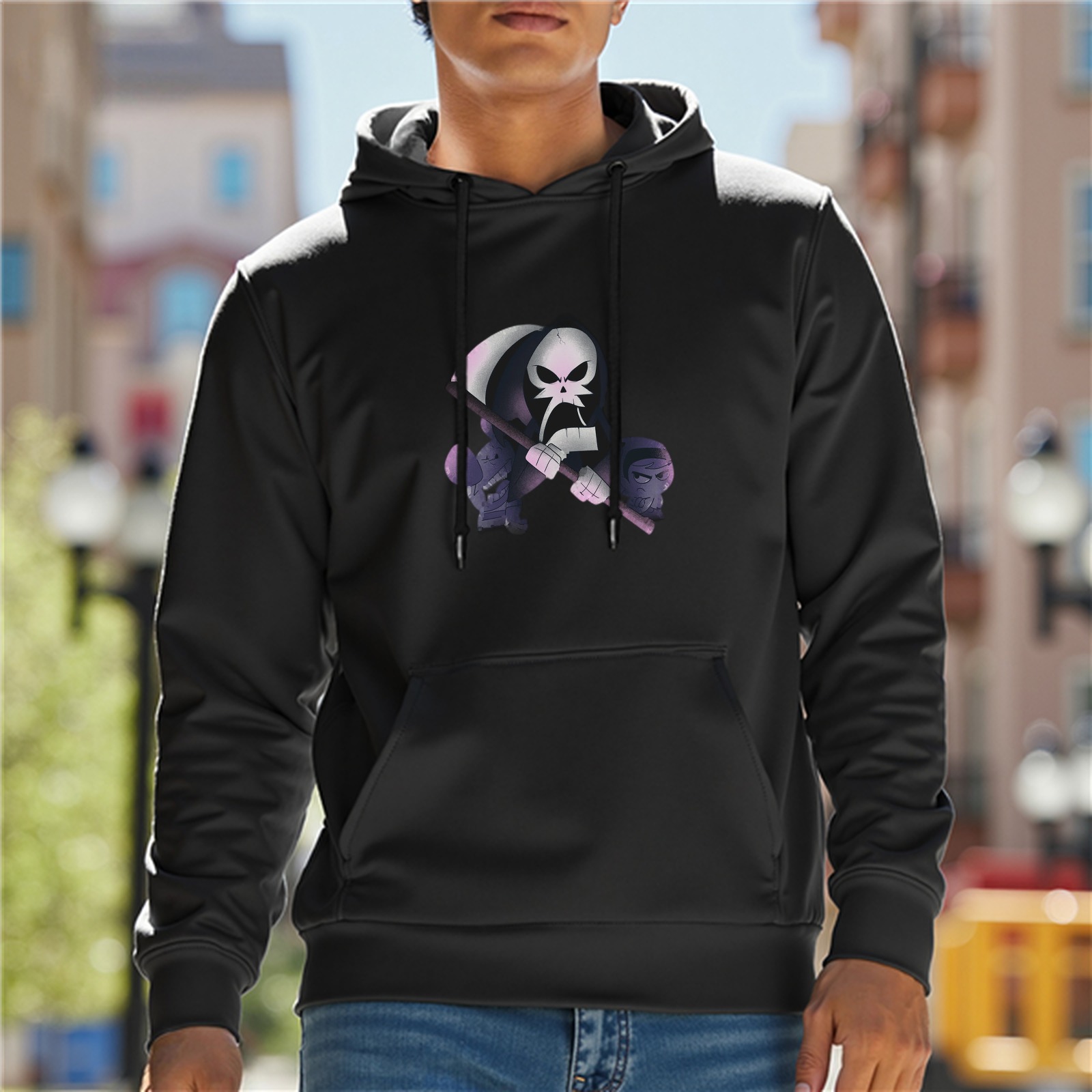 Black hoodie with cartoon grim reaper graphic print