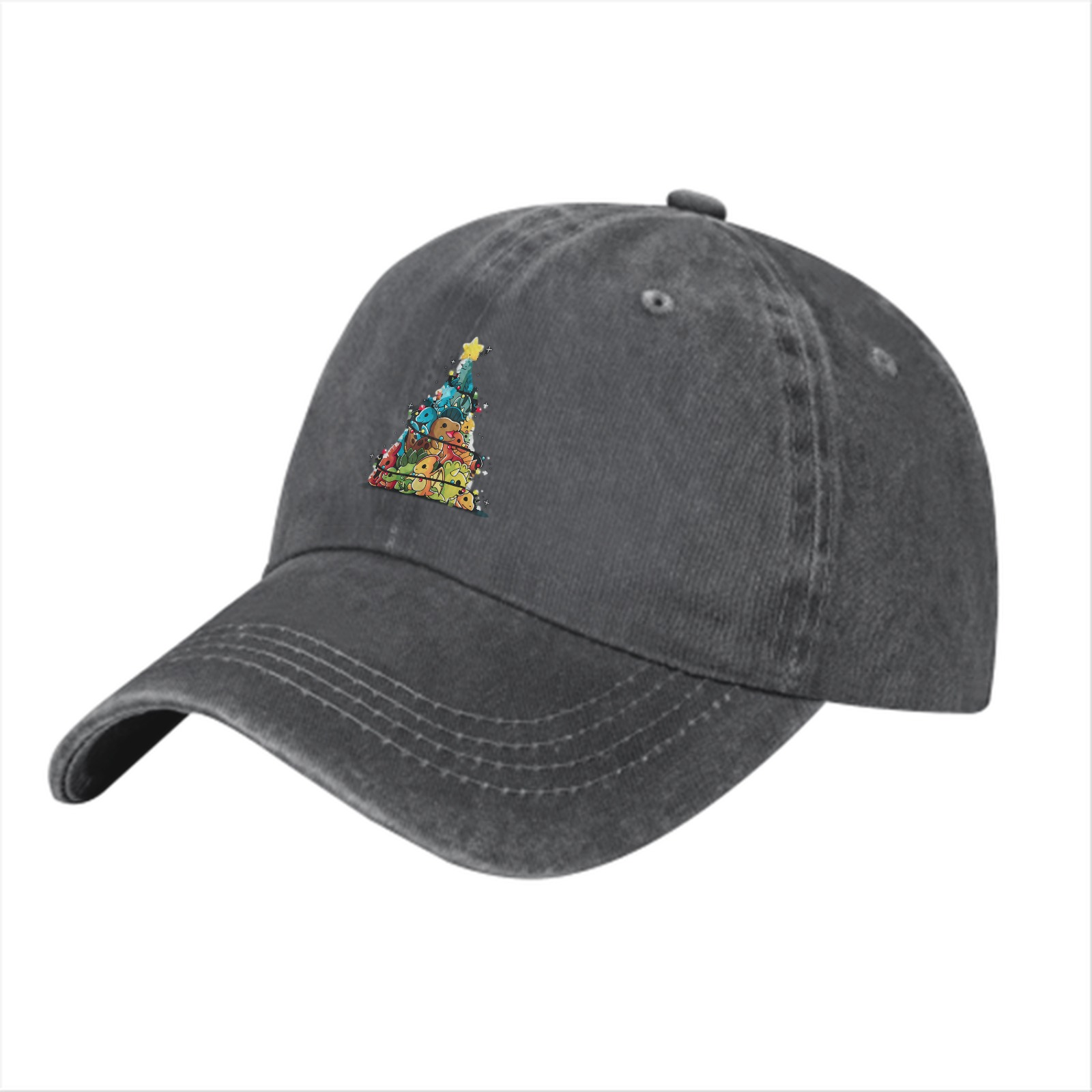 Washed Black Baseball Cap With Dinosaur Christmas Tree Print