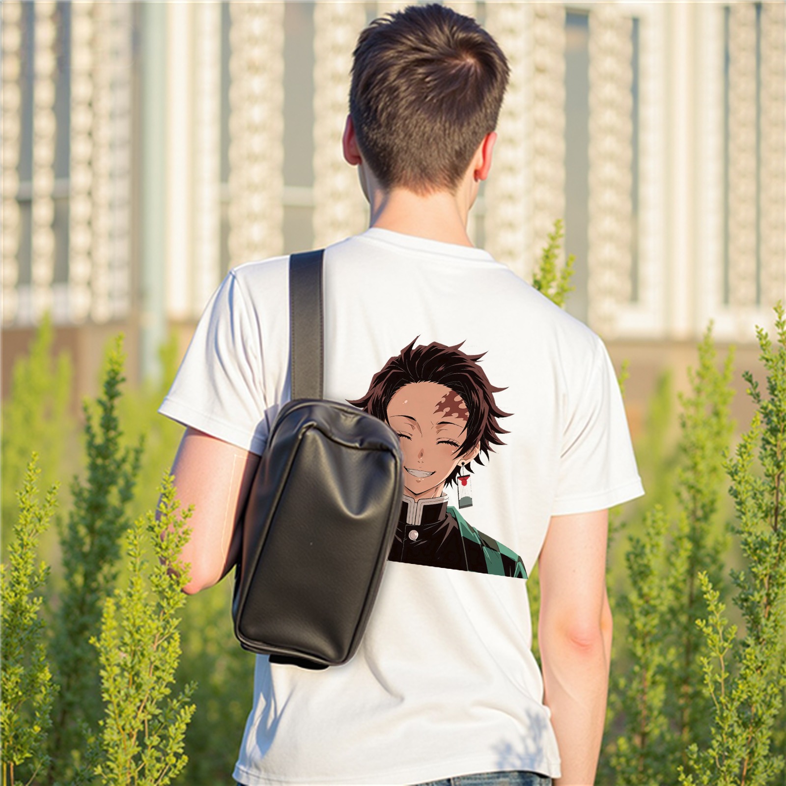 White T-shirt with Demon Slayer Tanjiro Kamado Smiling Graphic Print on Back