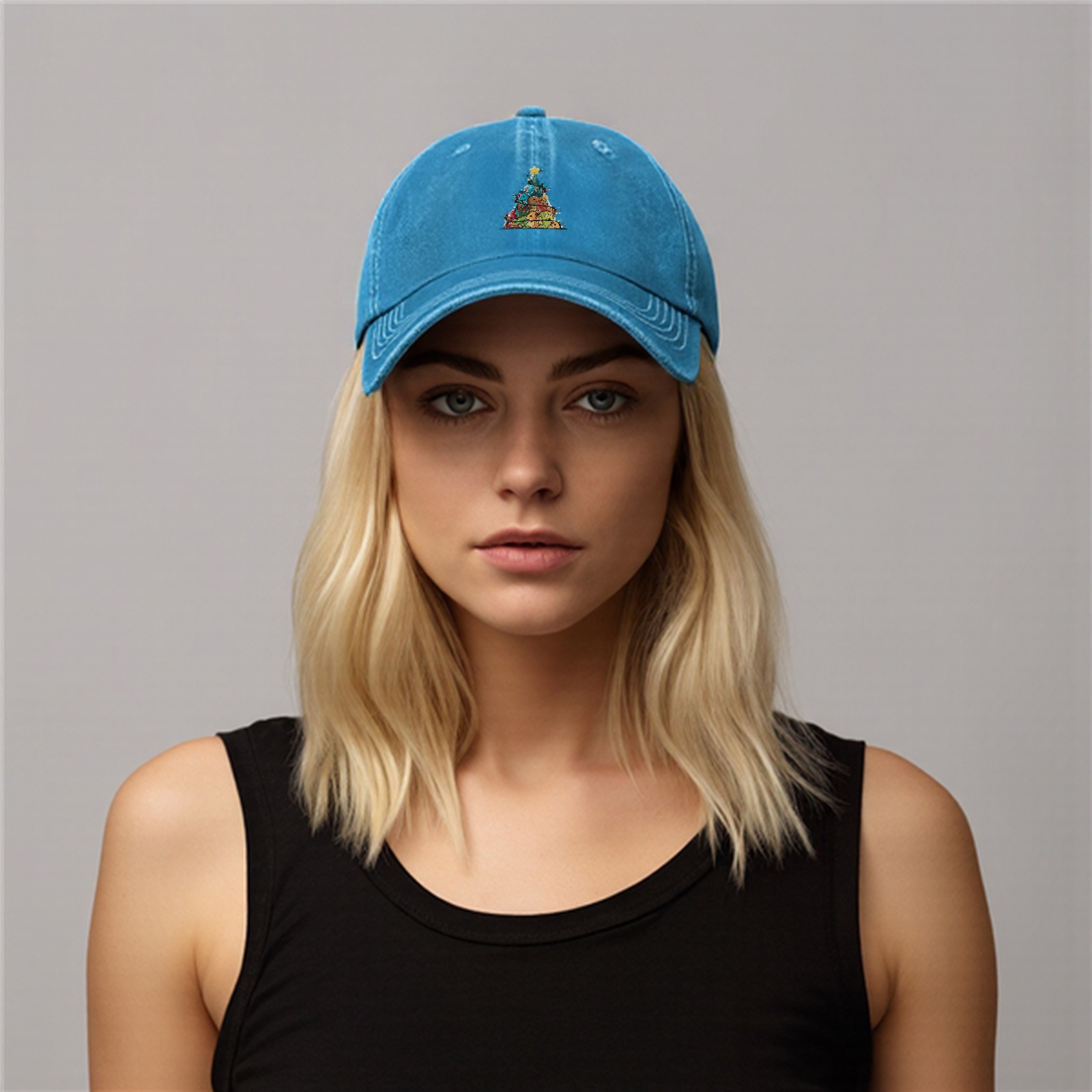 Washed Black Baseball Cap With Dinosaur Christmas Tree Print