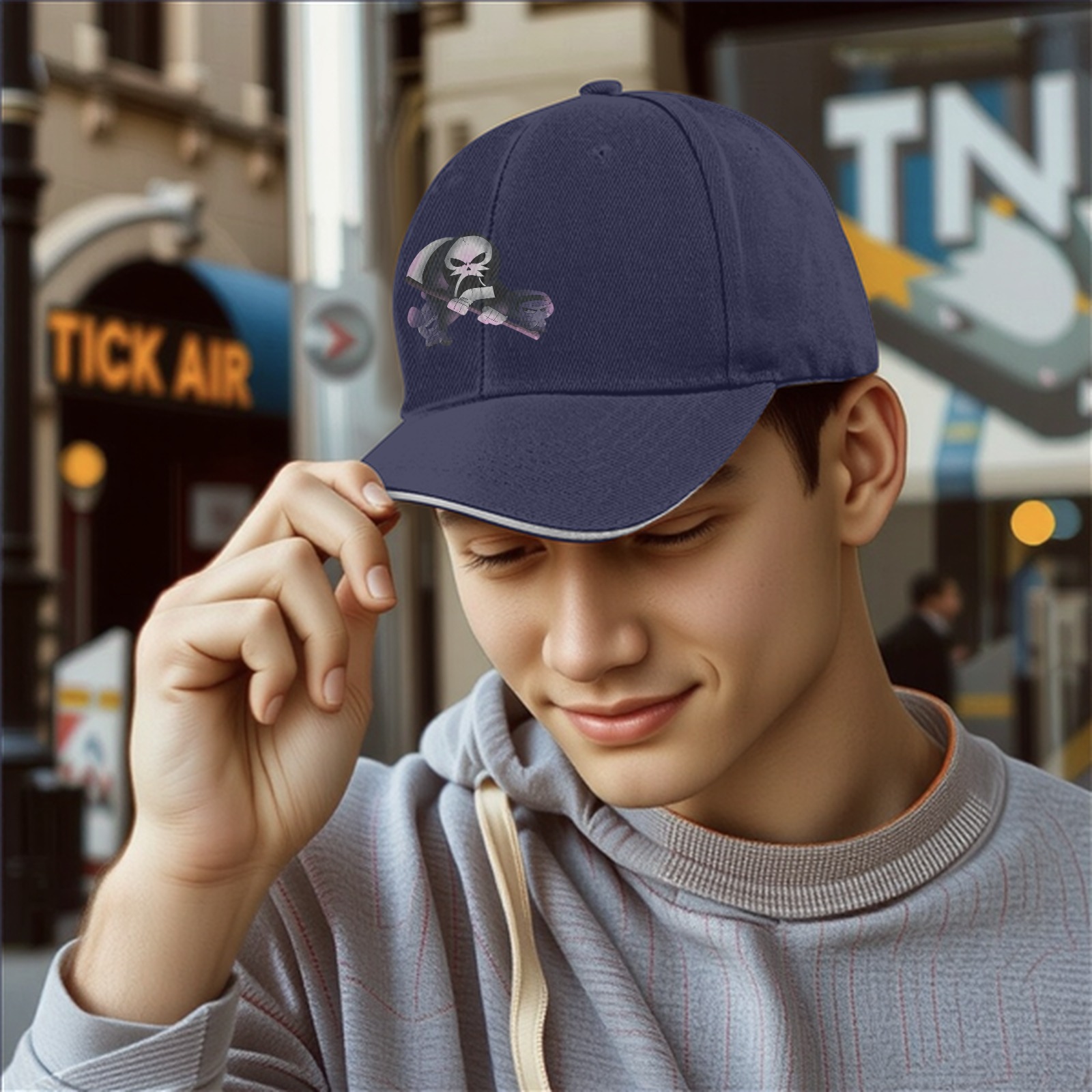 Black Baseball Cap With Grim Reaper Graphic Print