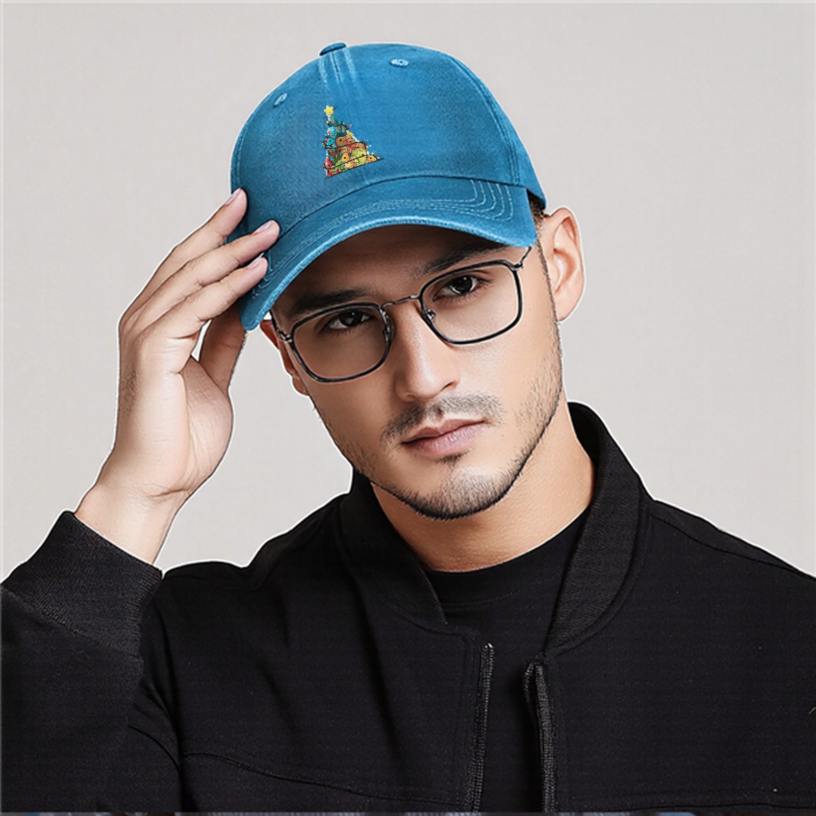 Washed Black Baseball Cap With Dinosaur Christmas Tree Print