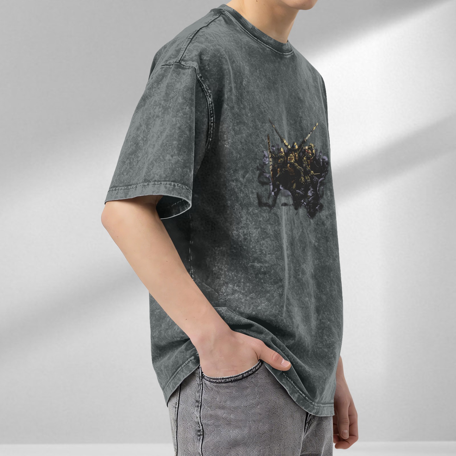 Washed Black Oversized T-Shirt With Ninja Turtles Graphic Print
