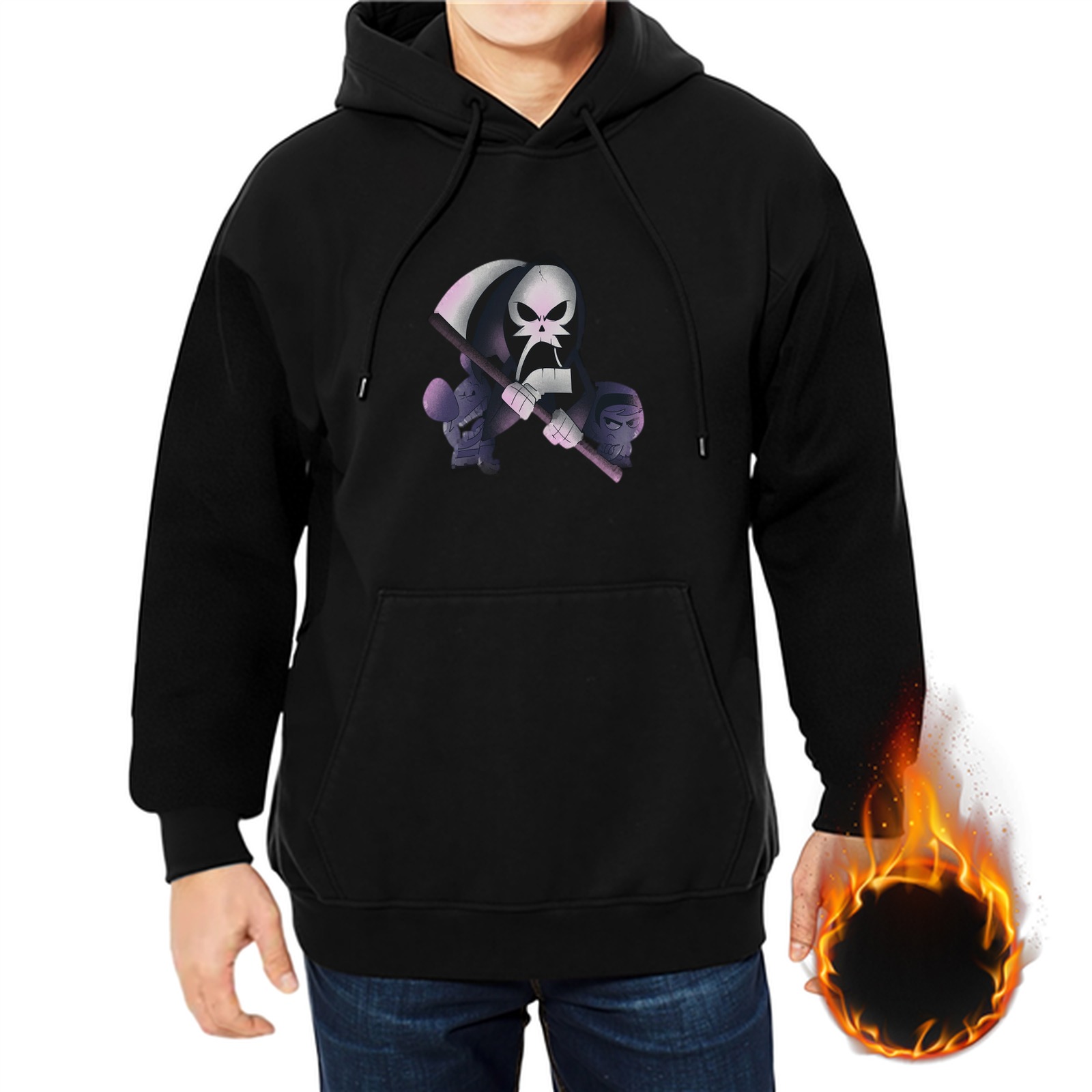 Black hoodie with cartoon grim reaper graphic print