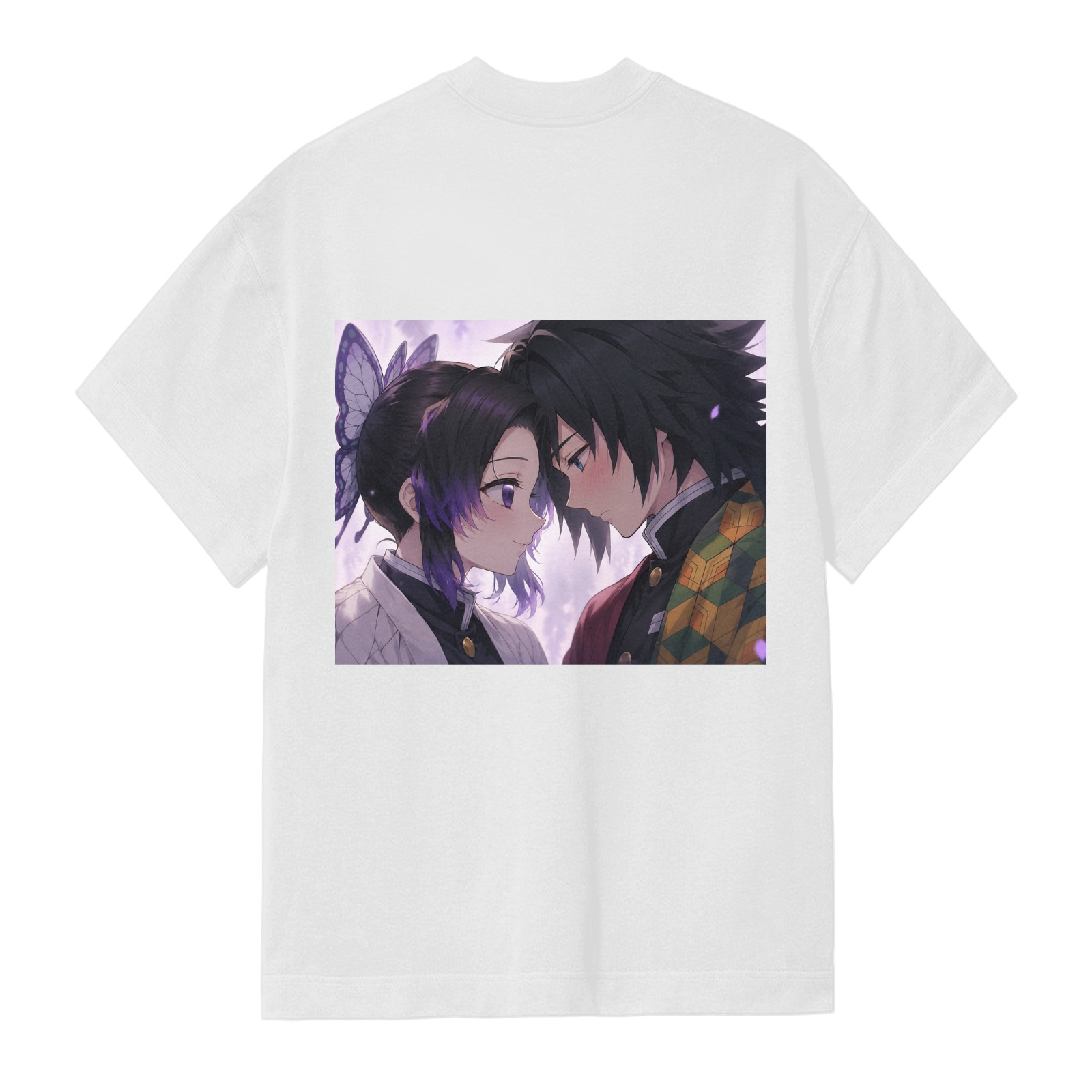 White T-shirt with Demon Slayer Shinobu Kochou and Giyuu Tomioka Anime Print on Back