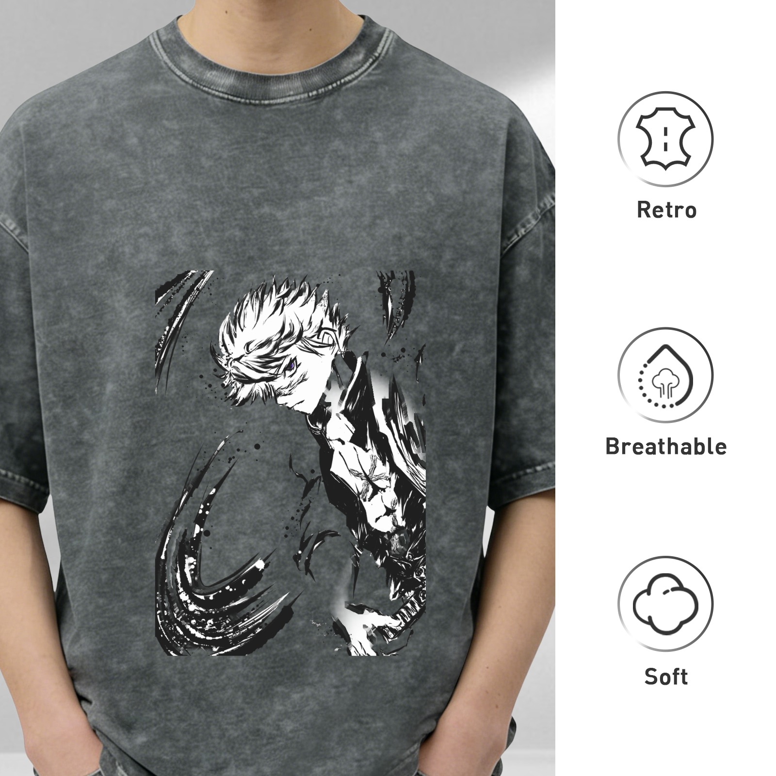Oversized Acid Wash Black Anime Graphic T-Shirt