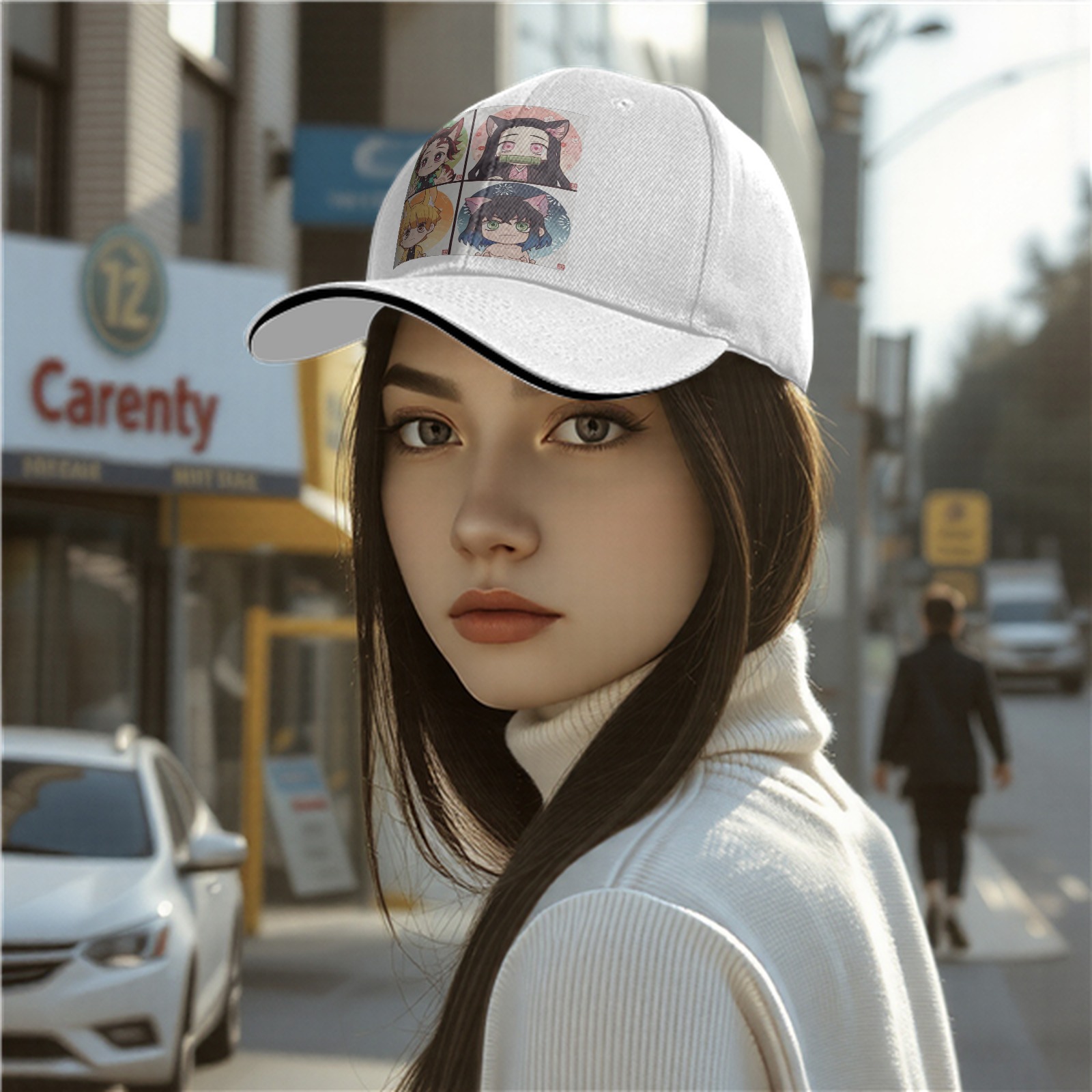 Black Baseball Cap with Demon Slayer Chibi Nekomimi/Inumimi Character Print (Tanjiro, Nezuko, Zenitsu, Inosuke)