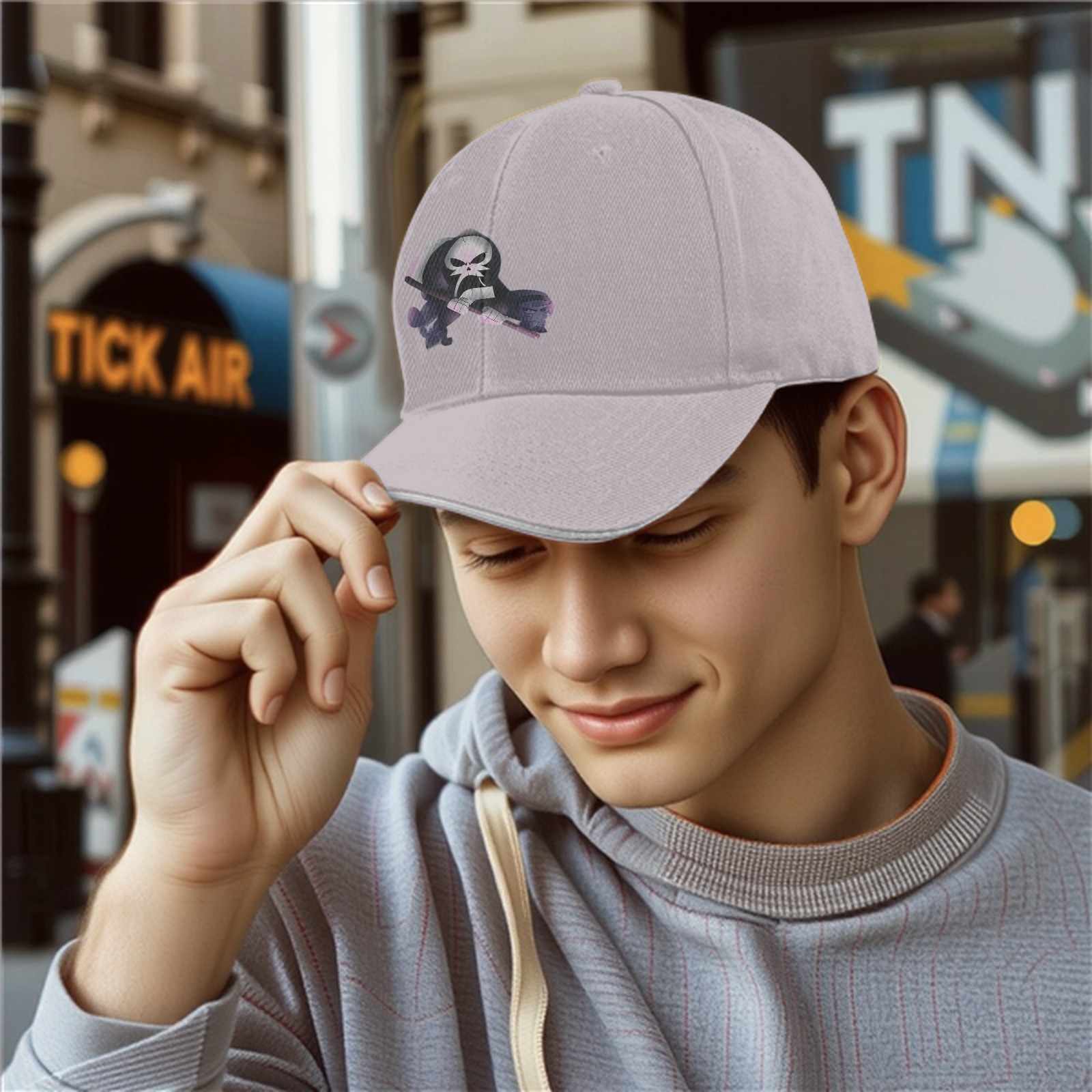 Black Baseball Cap With Grim Reaper Graphic Print
