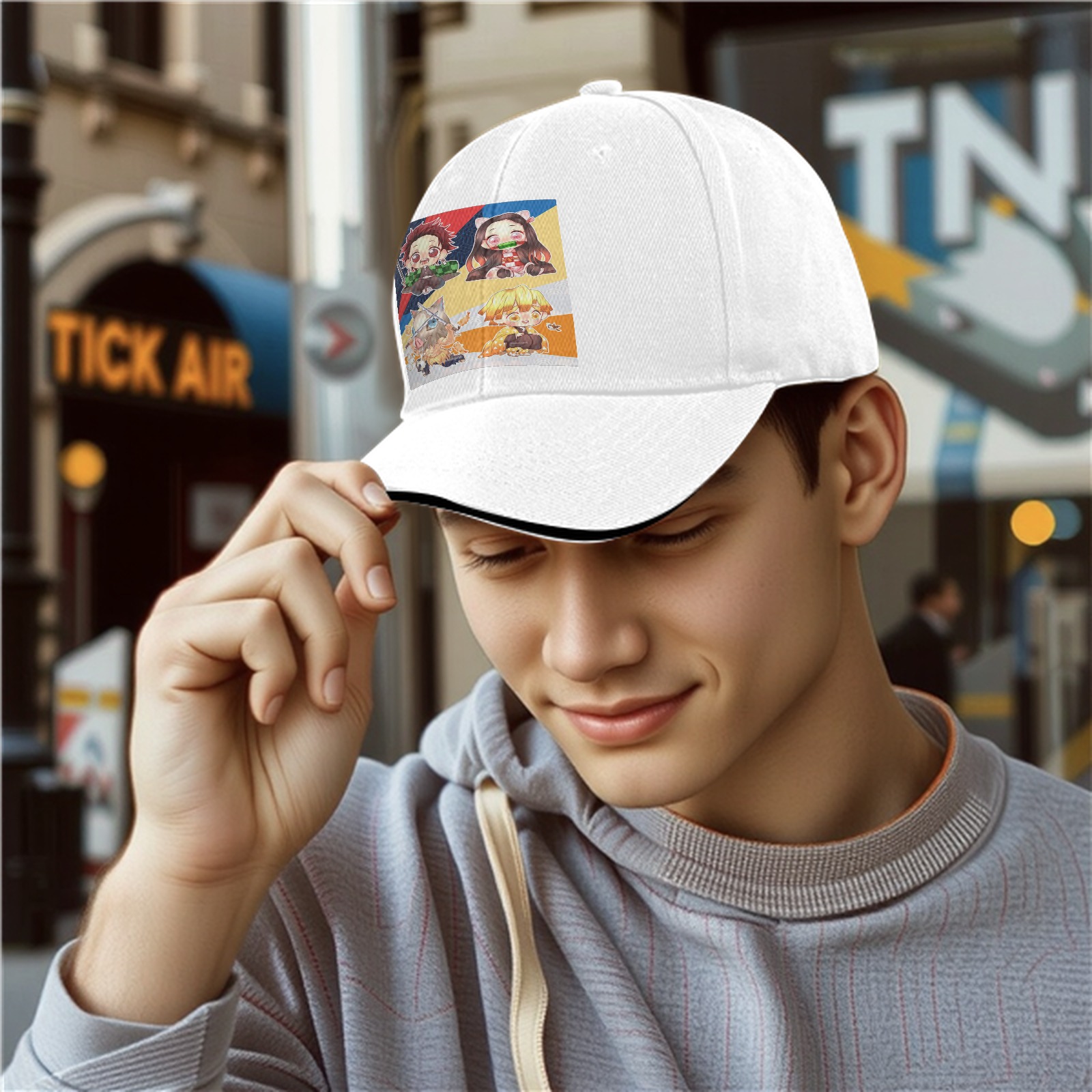 Black Baseball Cap with Chibi Demon Slayer Characters Print