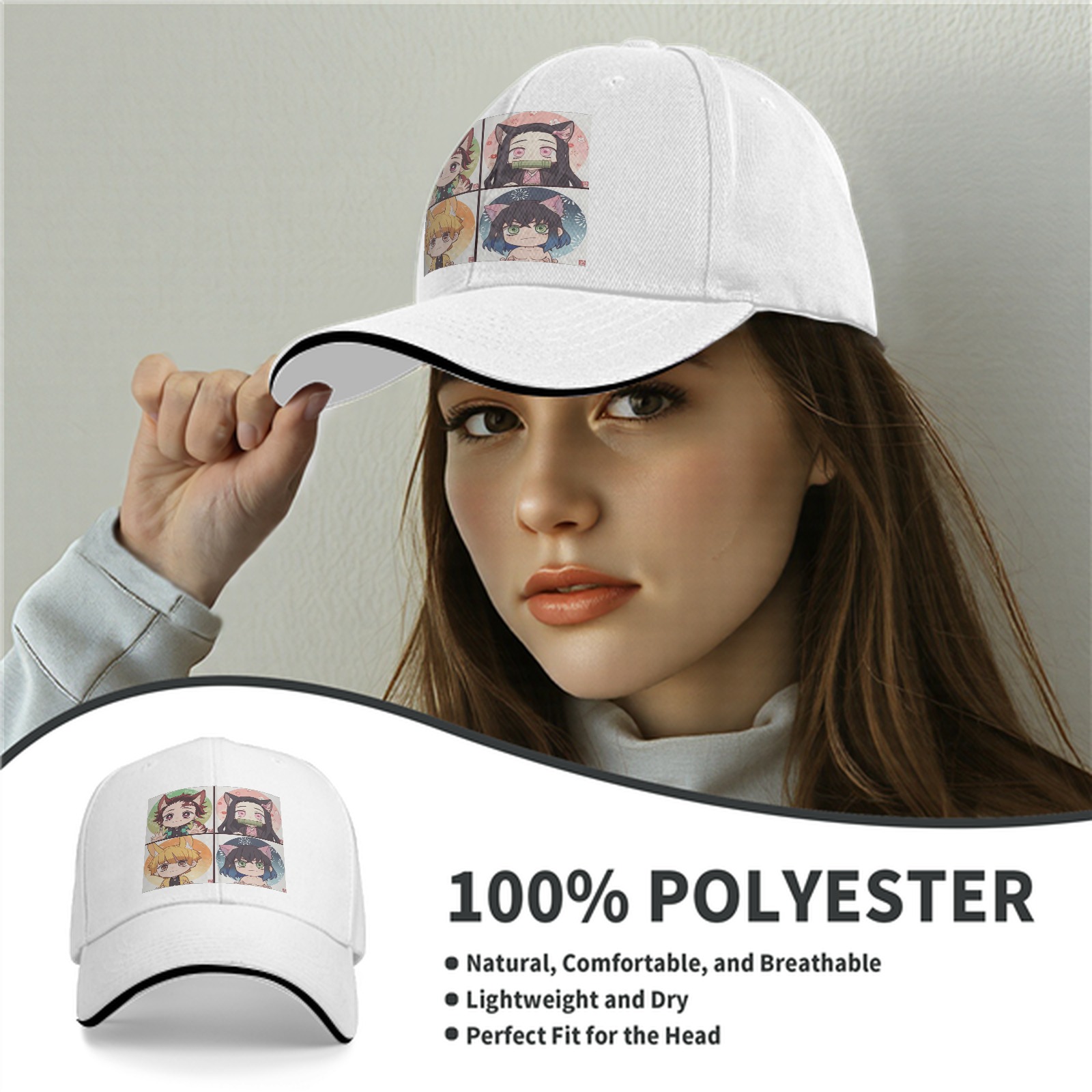 Black Baseball Cap with Demon Slayer Chibi Nekomimi/Inumimi Character Print (Tanjiro, Nezuko, Zenitsu, Inosuke)
