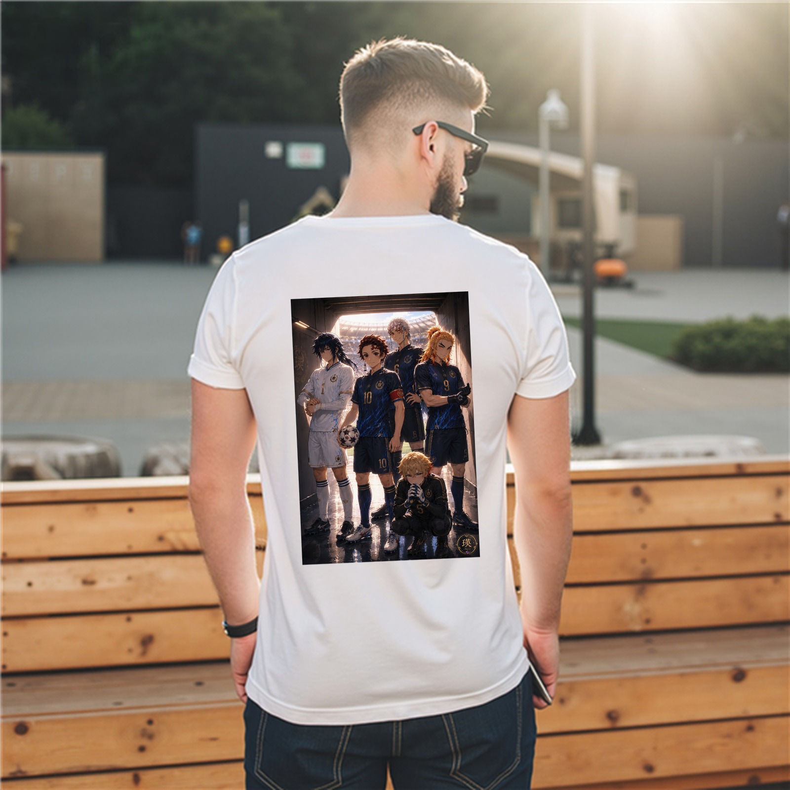 Men's White T-Shirt with Demon Slayer Anime Soccer Team Graphic Print on Back