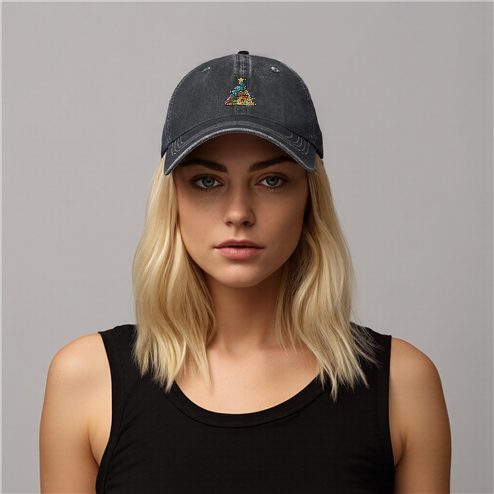 Washed Black Baseball Cap With Dinosaur Christmas Tree Print