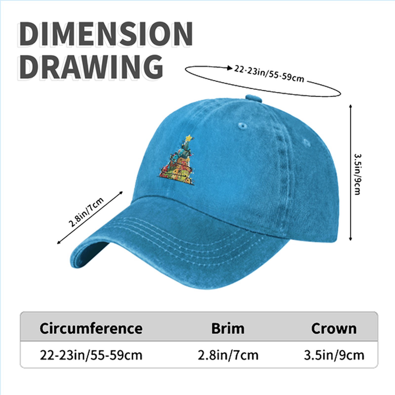 Washed Black Baseball Cap With Dinosaur Christmas Tree Print