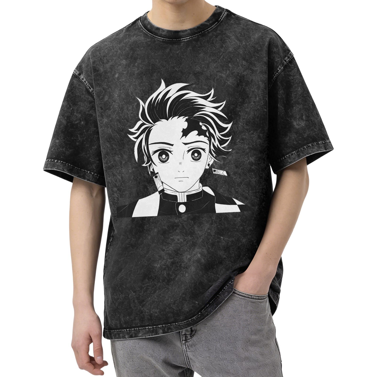Oversized Vintage Wash Anime Graphic T-Shirt, Demon Slayer Tanjiro Design