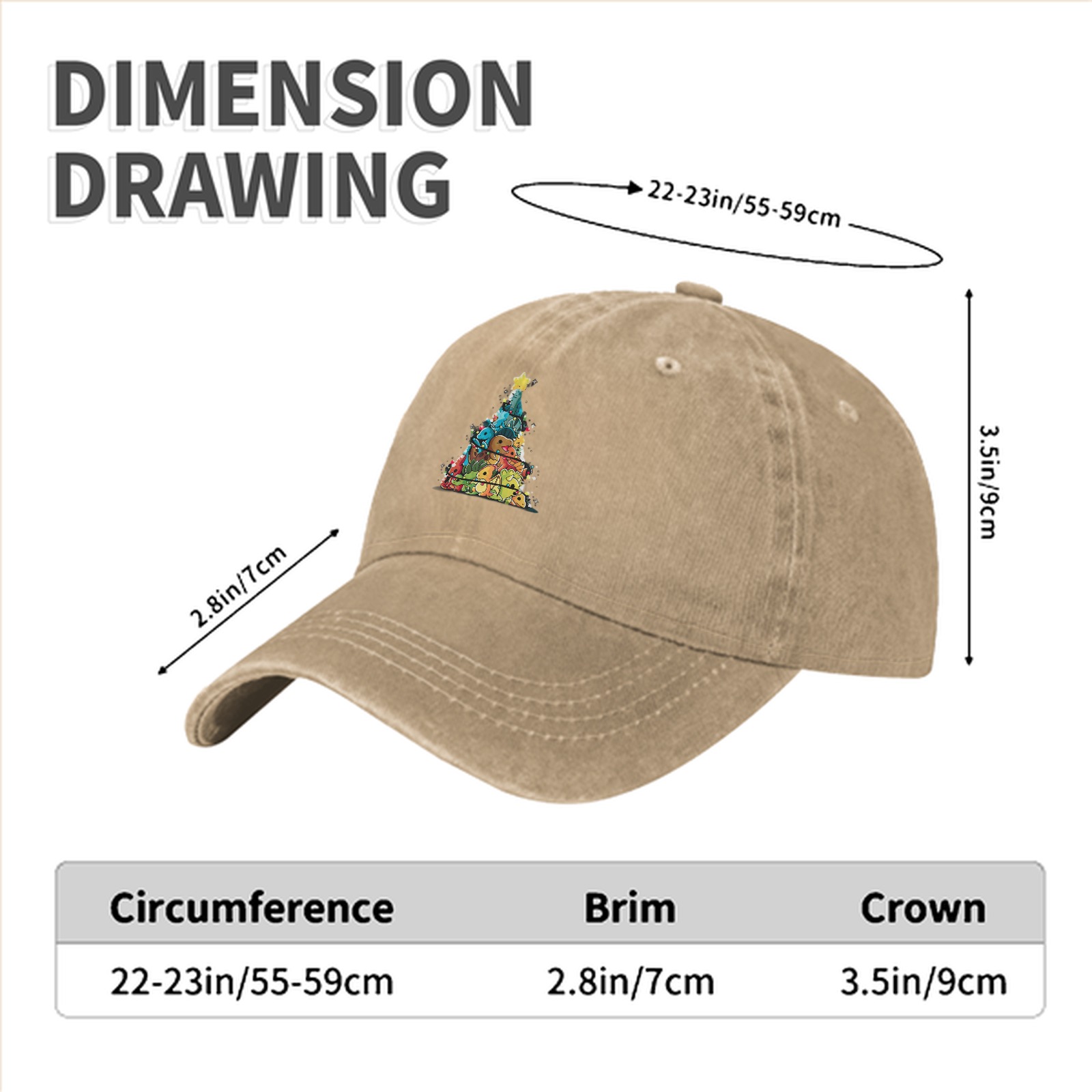 Washed Black Baseball Cap With Dinosaur Christmas Tree Print