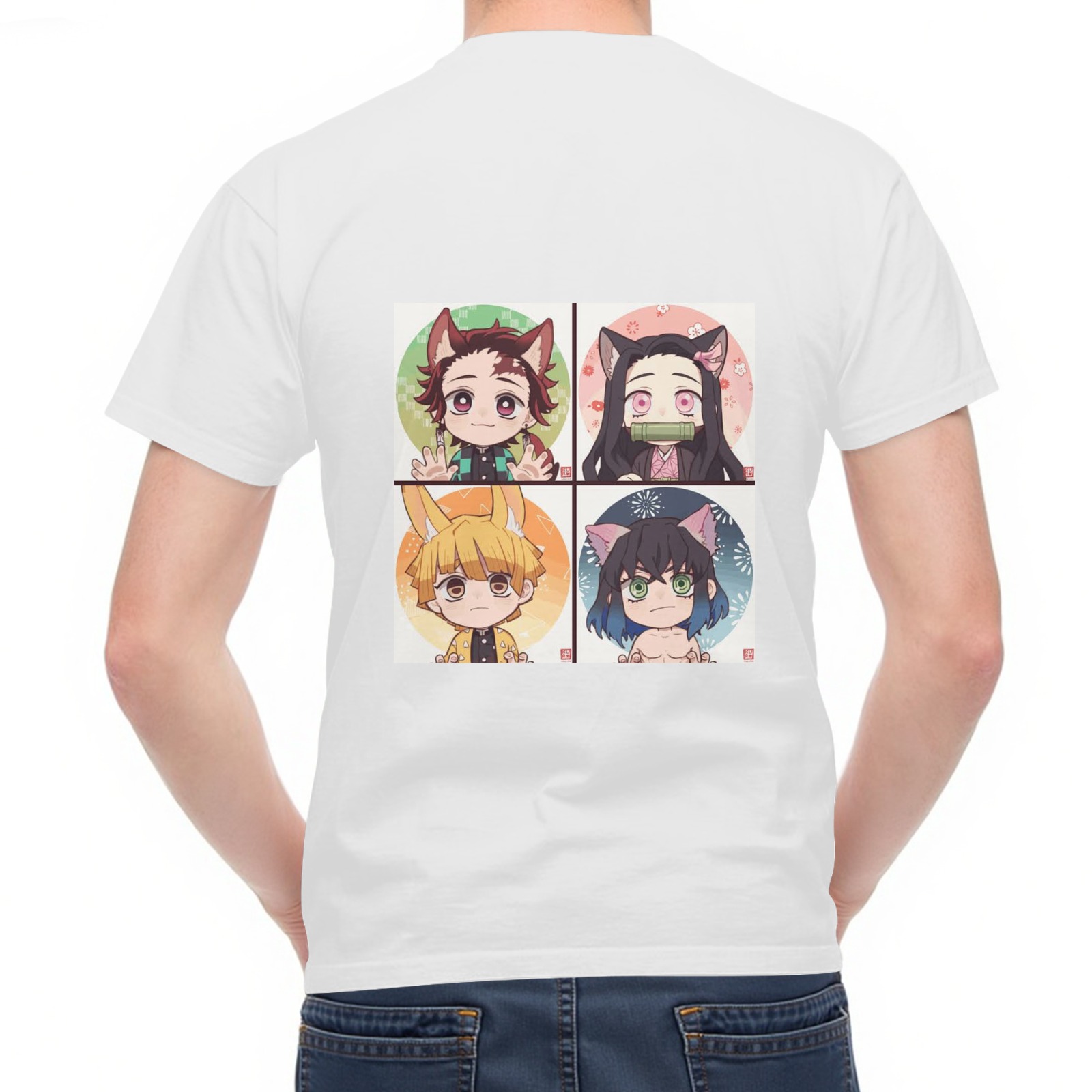 White T-shirt with Chibi Demon Slayer Characters (Tanjiro, Nezuko, Zenitsu, Inosuke) with Animal Ears Print on Back
