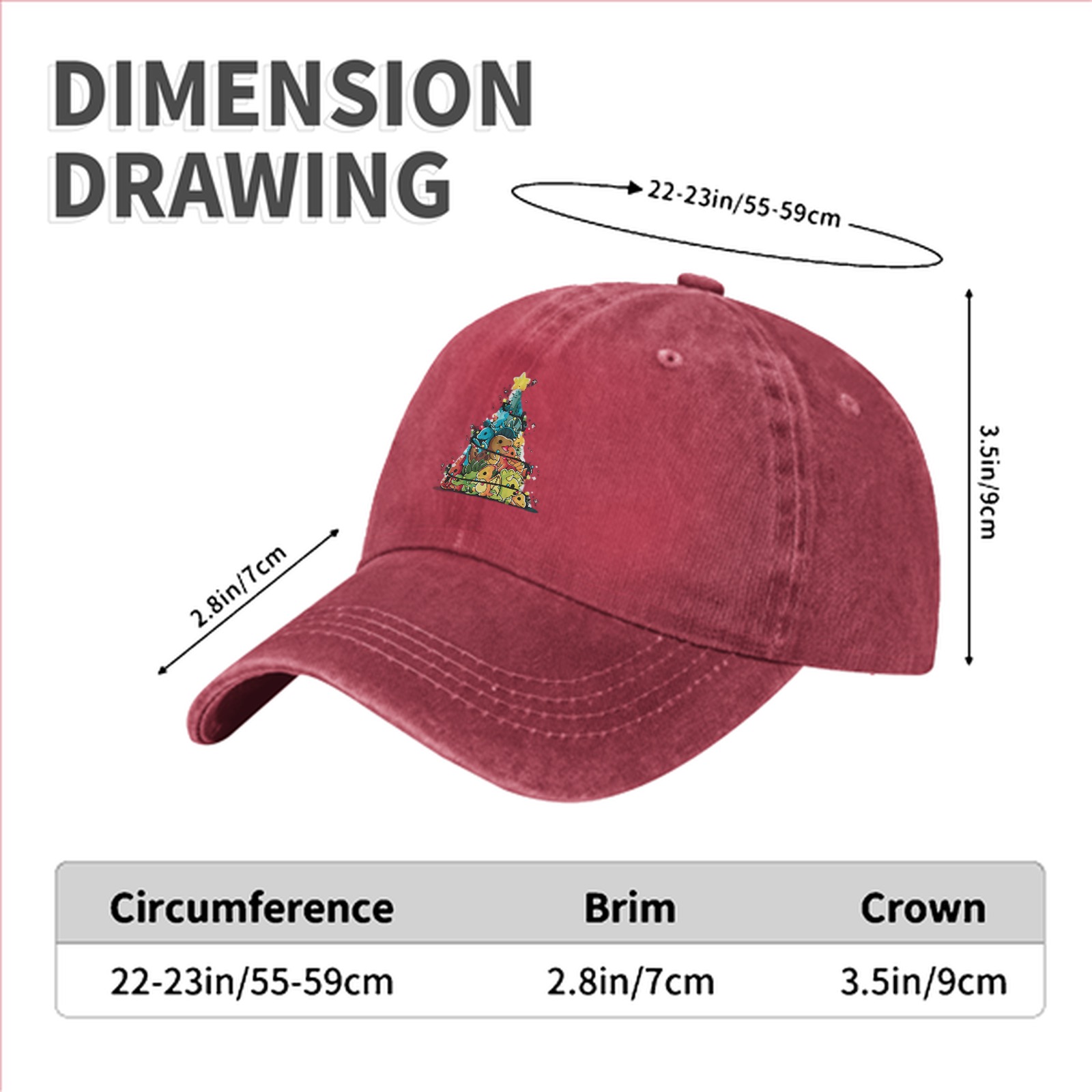 Washed Black Baseball Cap With Dinosaur Christmas Tree Print