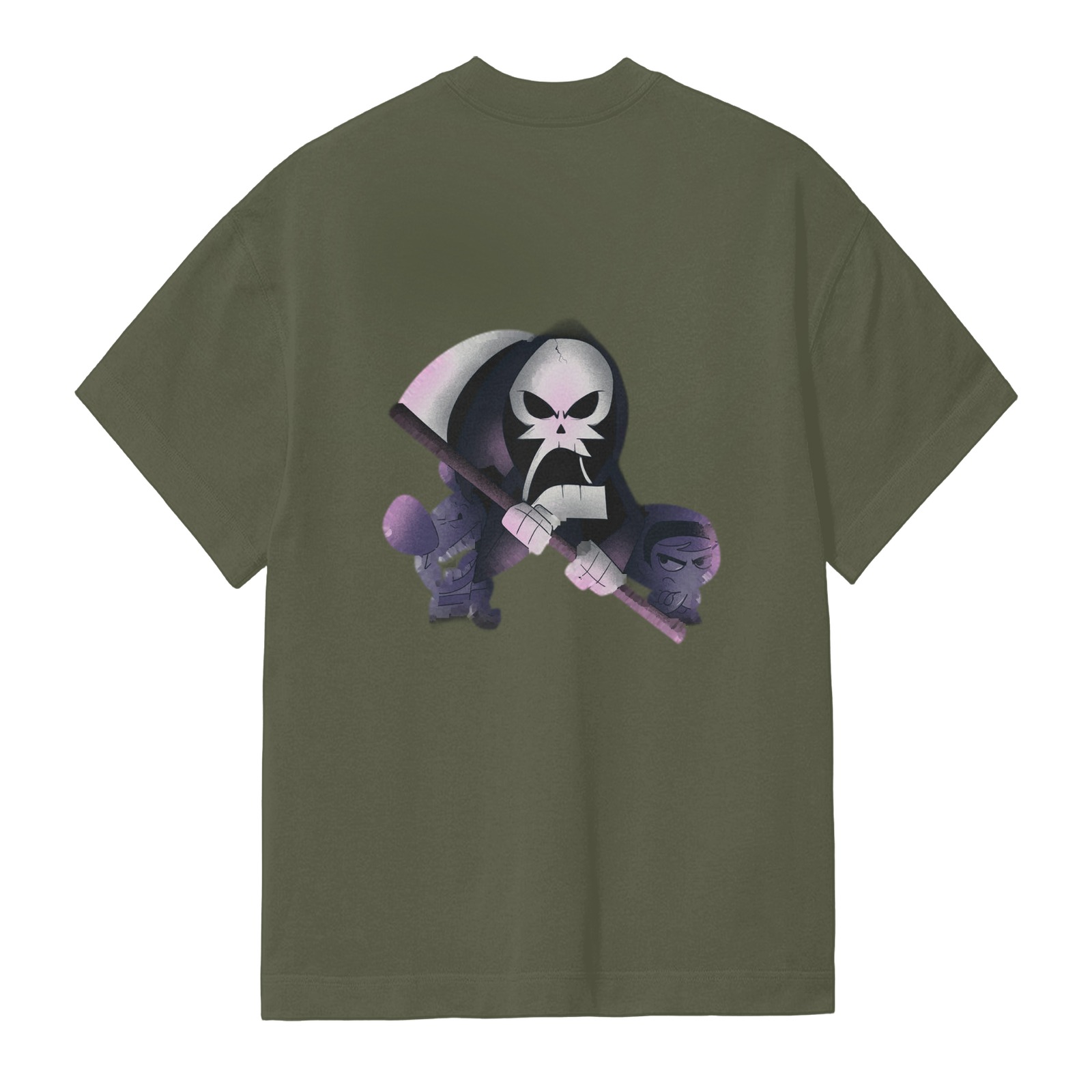 Olive T-Shirt with Cartoon Grim Reaper and Undead Minions Print