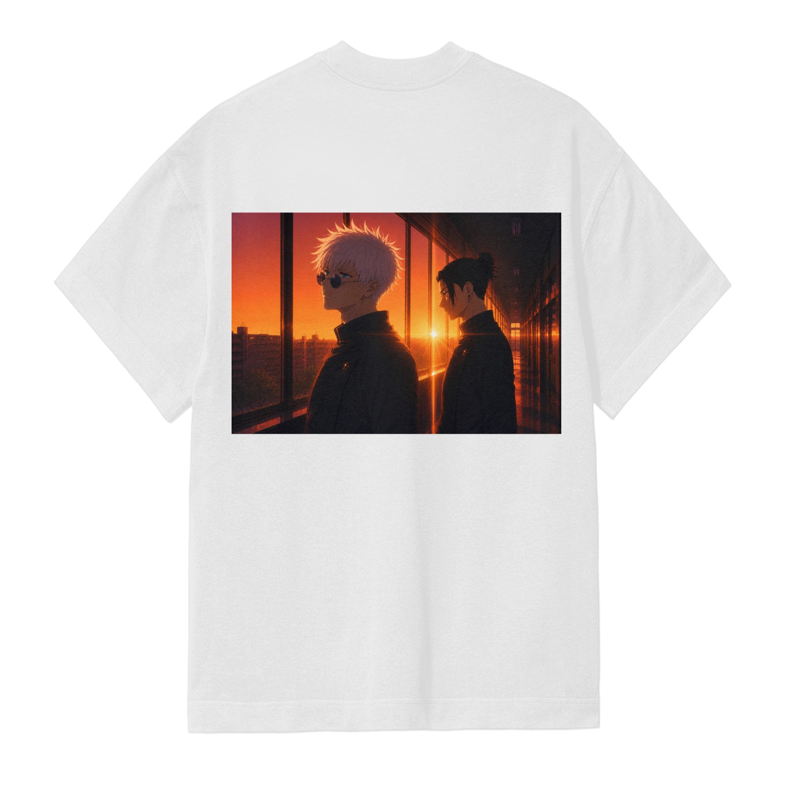 White T-shirt with Jujutsu Kaisen Satoru Gojo & Suguru Geto Sunset Anime Print, Back Design