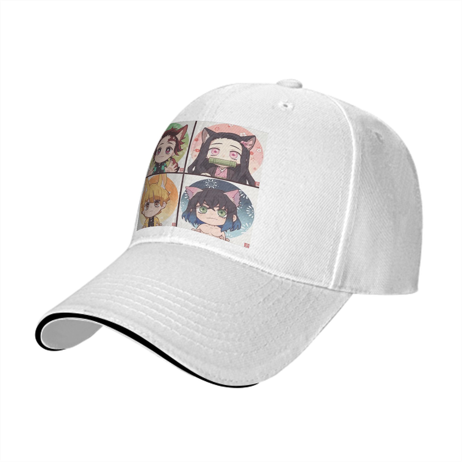 Black Baseball Cap with Demon Slayer Chibi Nekomimi/Inumimi Character Print (Tanjiro, Nezuko, Zenitsu, Inosuke)