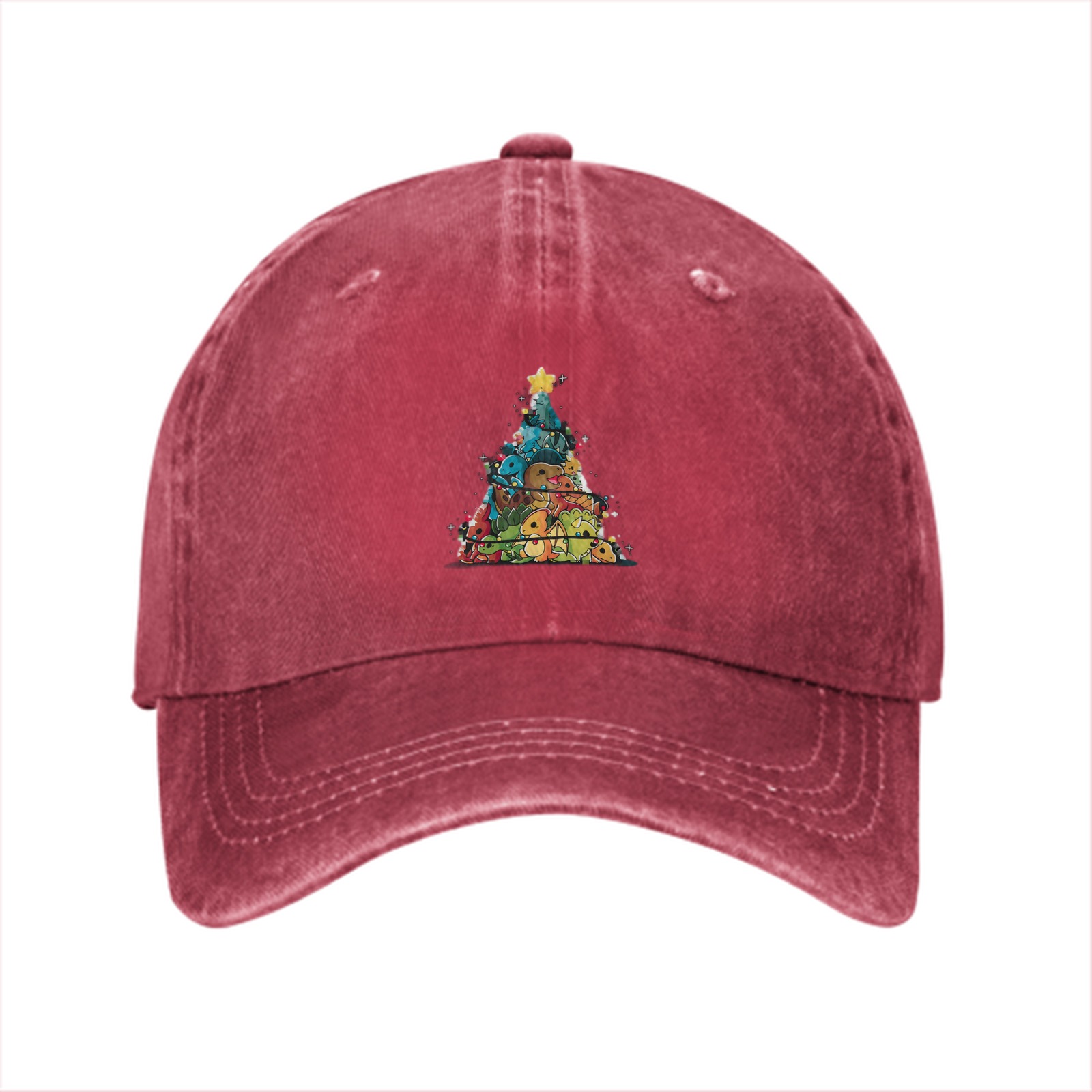 Washed Black Baseball Cap With Dinosaur Christmas Tree Print
