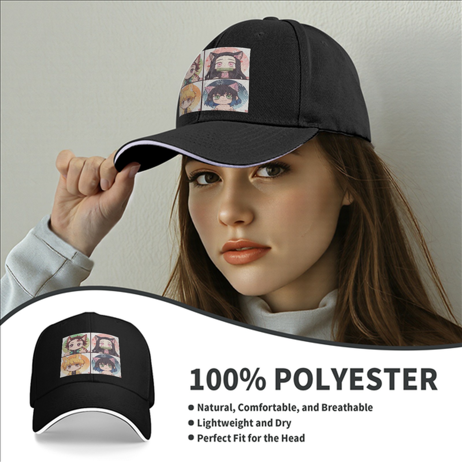 Black Baseball Cap with Demon Slayer Chibi Nekomimi/Inumimi Character Print (Tanjiro, Nezuko, Zenitsu, Inosuke)