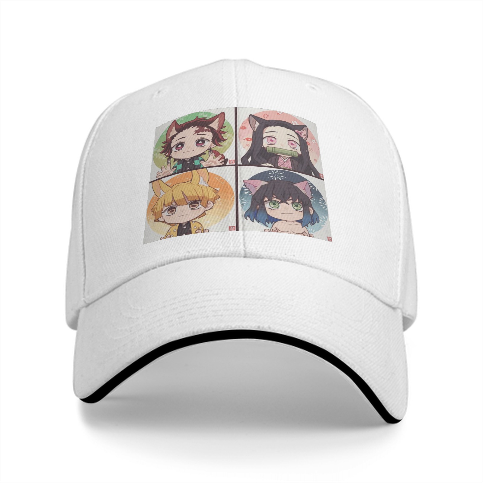 Black Baseball Cap with Demon Slayer Chibi Nekomimi/Inumimi Character Print (Tanjiro, Nezuko, Zenitsu, Inosuke)