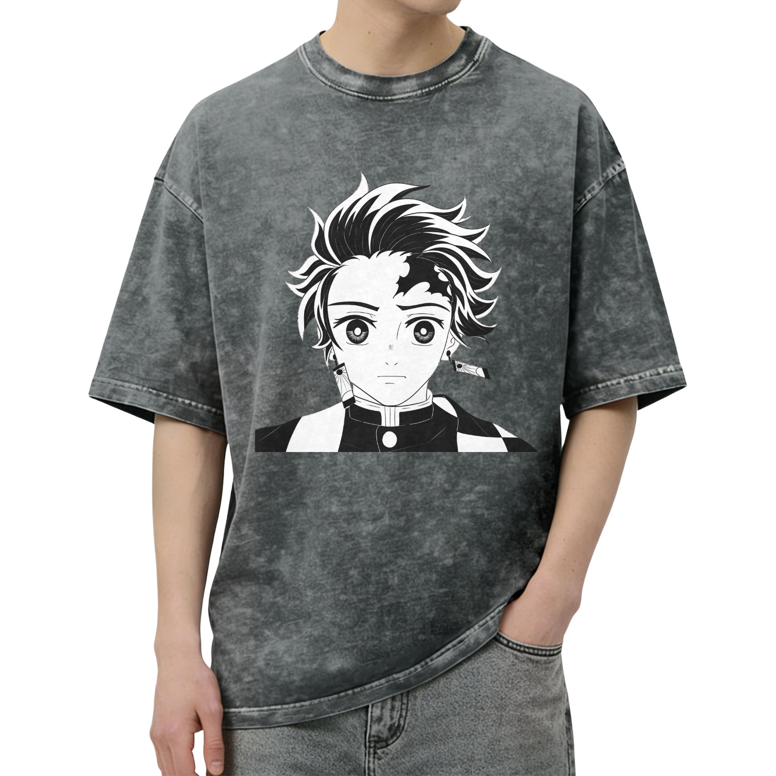 Oversized Vintage Wash Anime Graphic T-Shirt, Demon Slayer Tanjiro Design