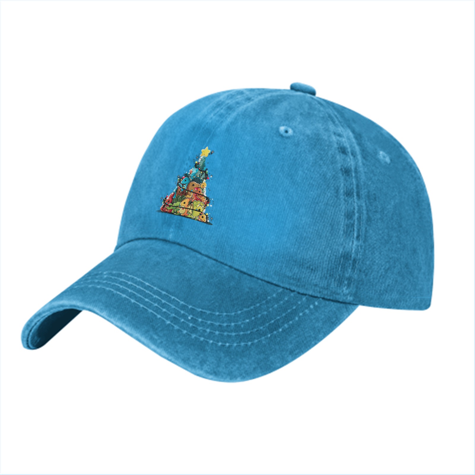 Washed Black Baseball Cap With Dinosaur Christmas Tree Print