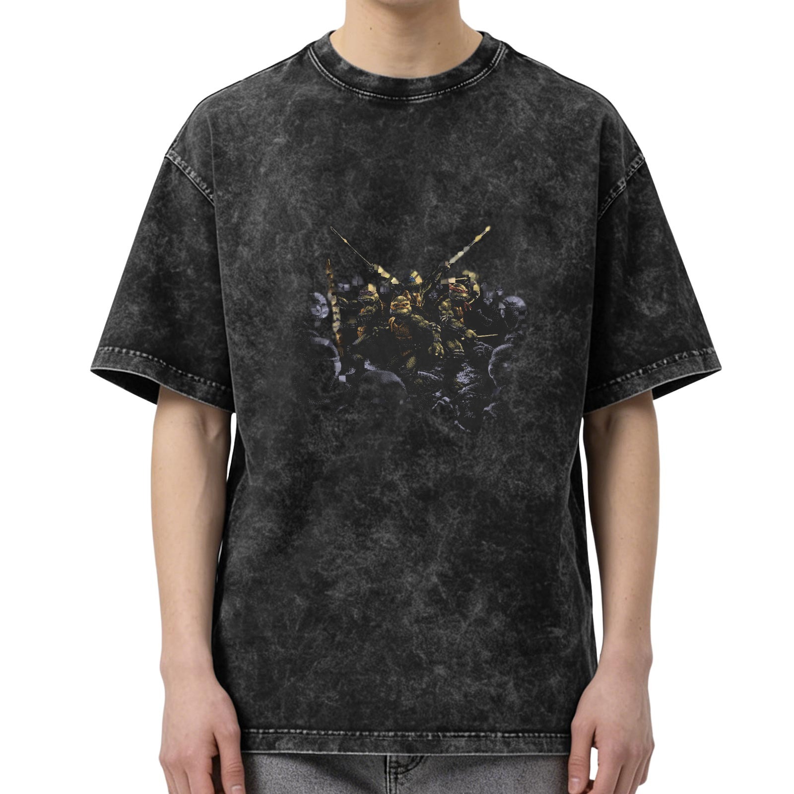 Washed Black Oversized T-Shirt With Ninja Turtles Graphic Print