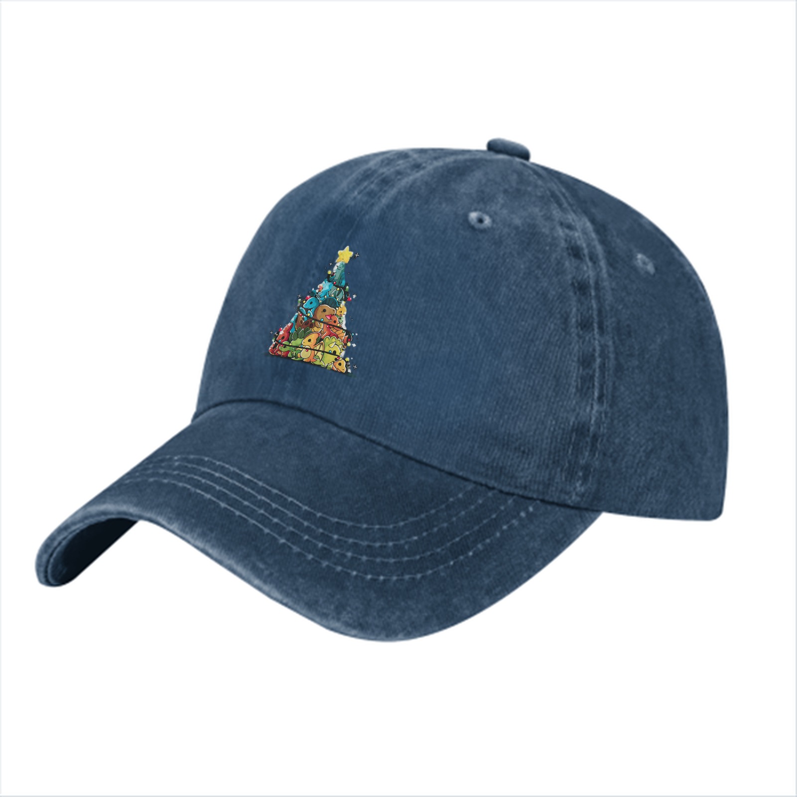 Washed Black Baseball Cap With Dinosaur Christmas Tree Print