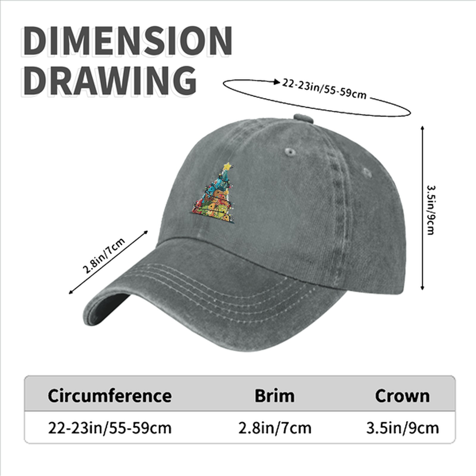 Washed Black Baseball Cap With Dinosaur Christmas Tree Print